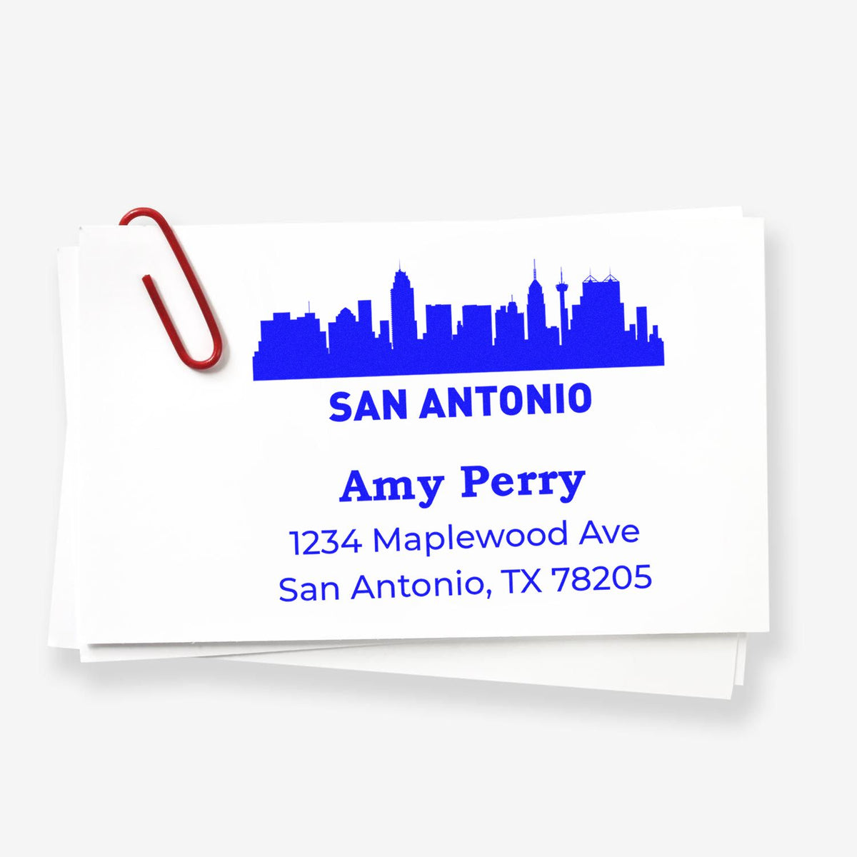 Personalized San Antonio return address rubber stamp with skyline, Amy Perry name, and mailing address.
