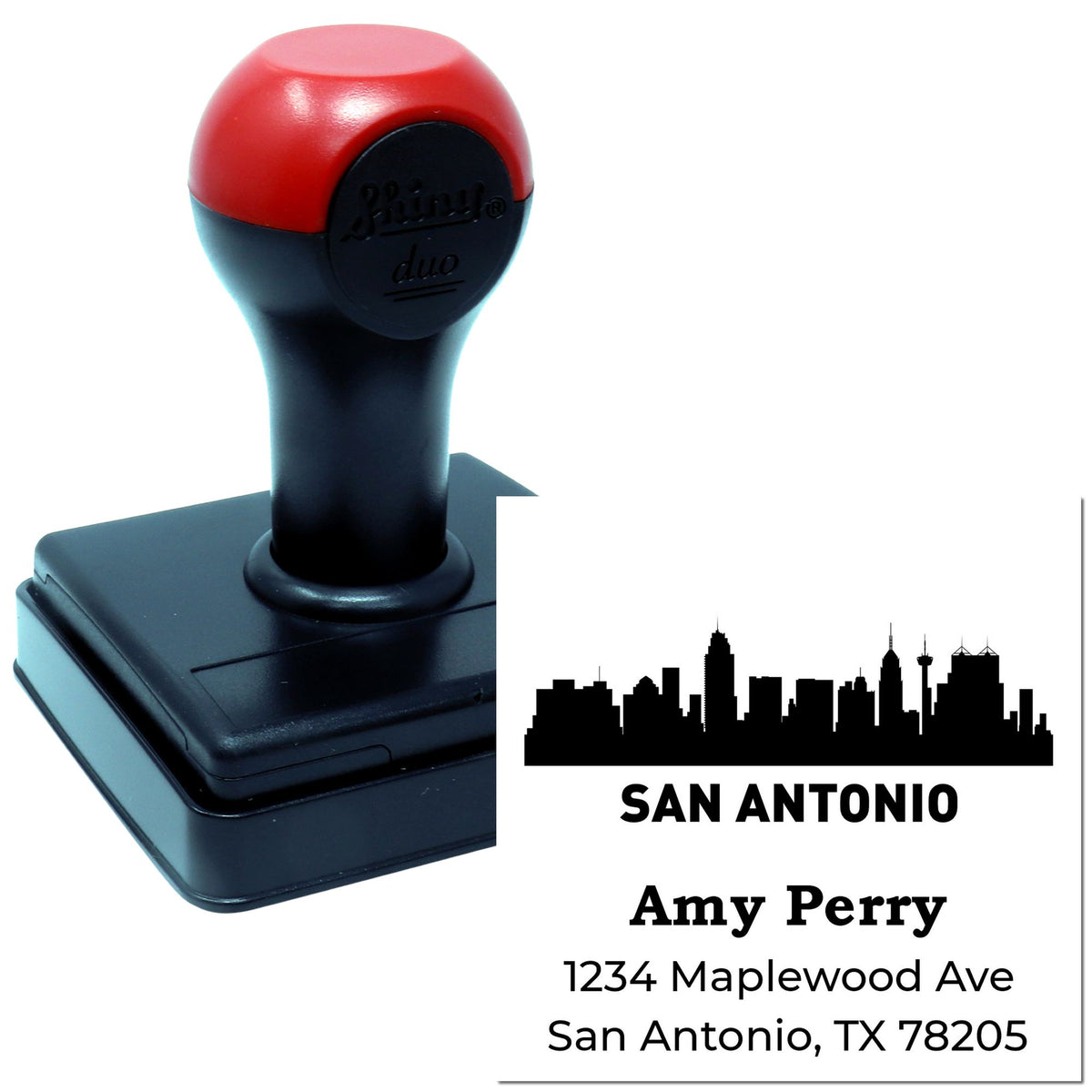 Custom self-inking rubber stamp with San Antonio skyline, name, and address for personalized return address imprint.