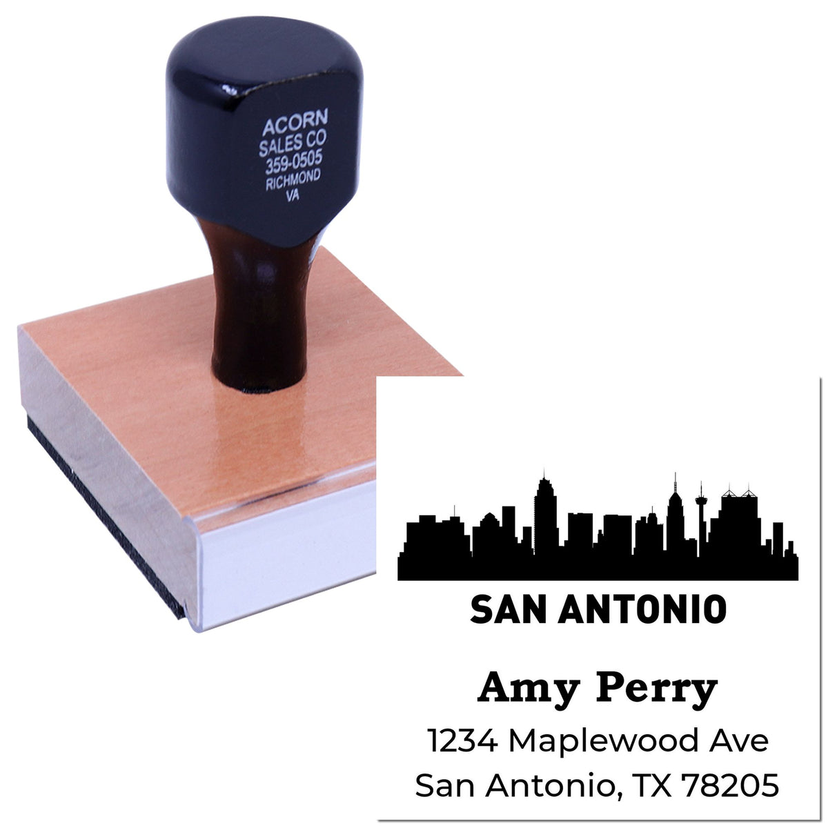 Custom rubber stamp with San Antonio skyline and personalized return address for mailing and business use.
