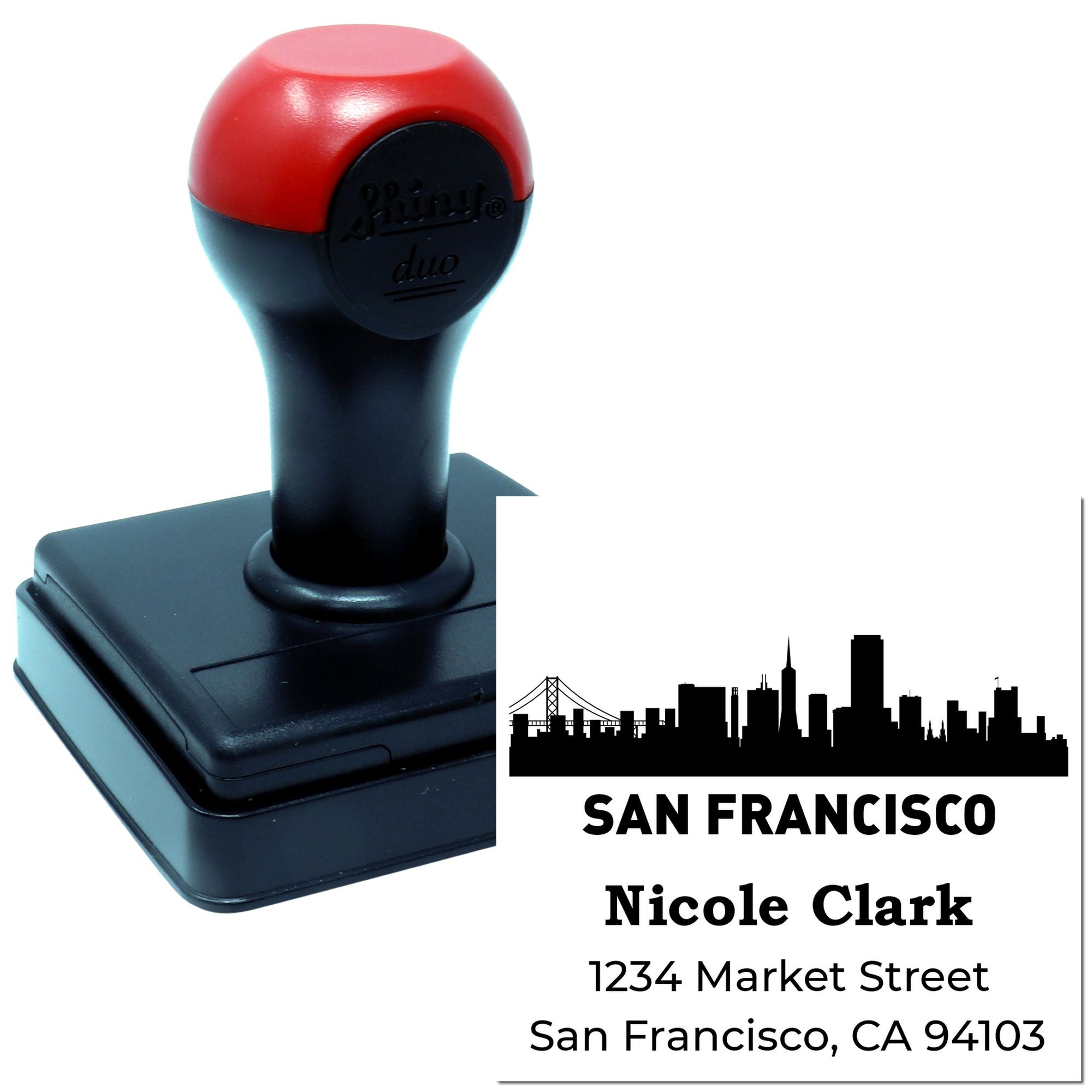 Custom self-inking rubber address stamp with San Francisco skyline, Nicole Clark name, and Market Street address.