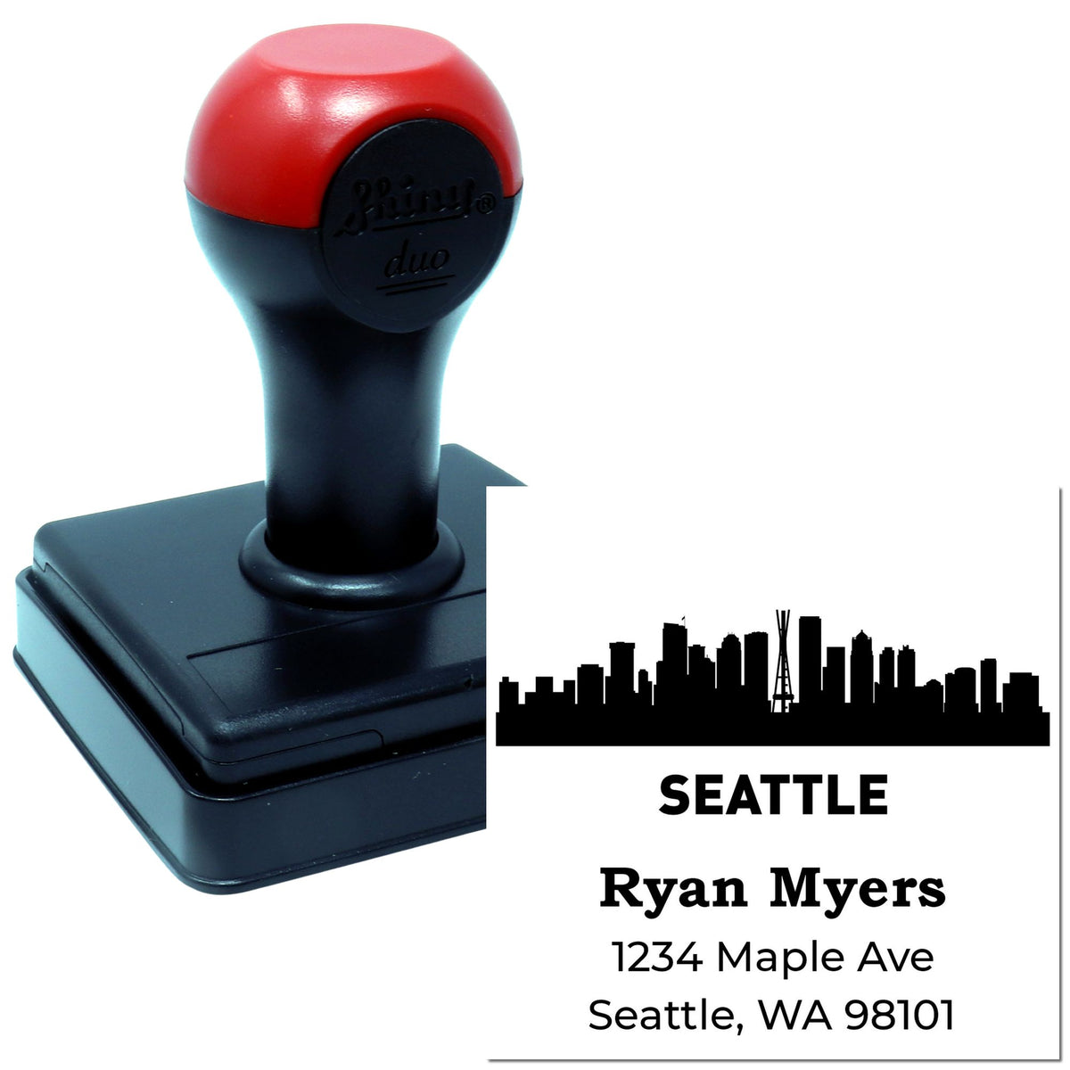 Custom self-inking Seattle address rubber stamp with skyline design for mailing envelopes and business correspondence