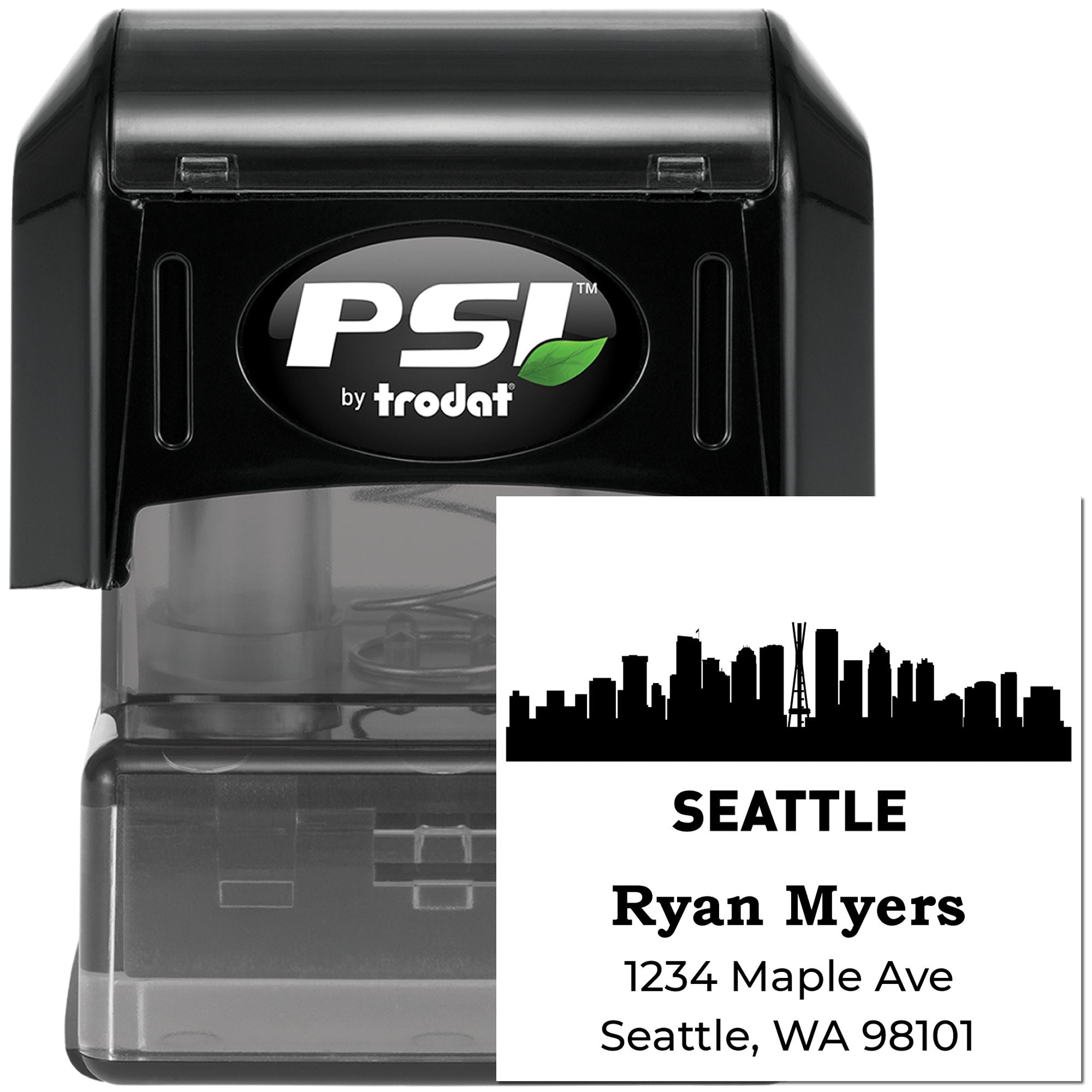 PSI by Trodat custom self-inking rubber address stamp with Seattle skyline, Ryan Myers name, and mailing address.