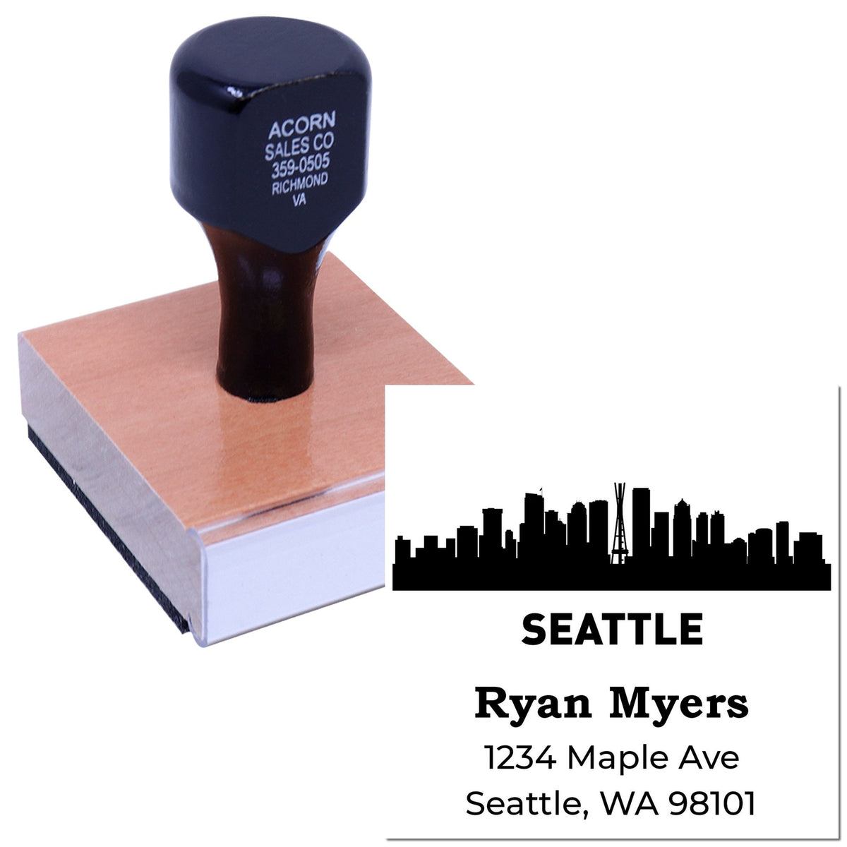 Custom Seattle address rubber stamp with skyline design and personalized name and address for business or mailing use.