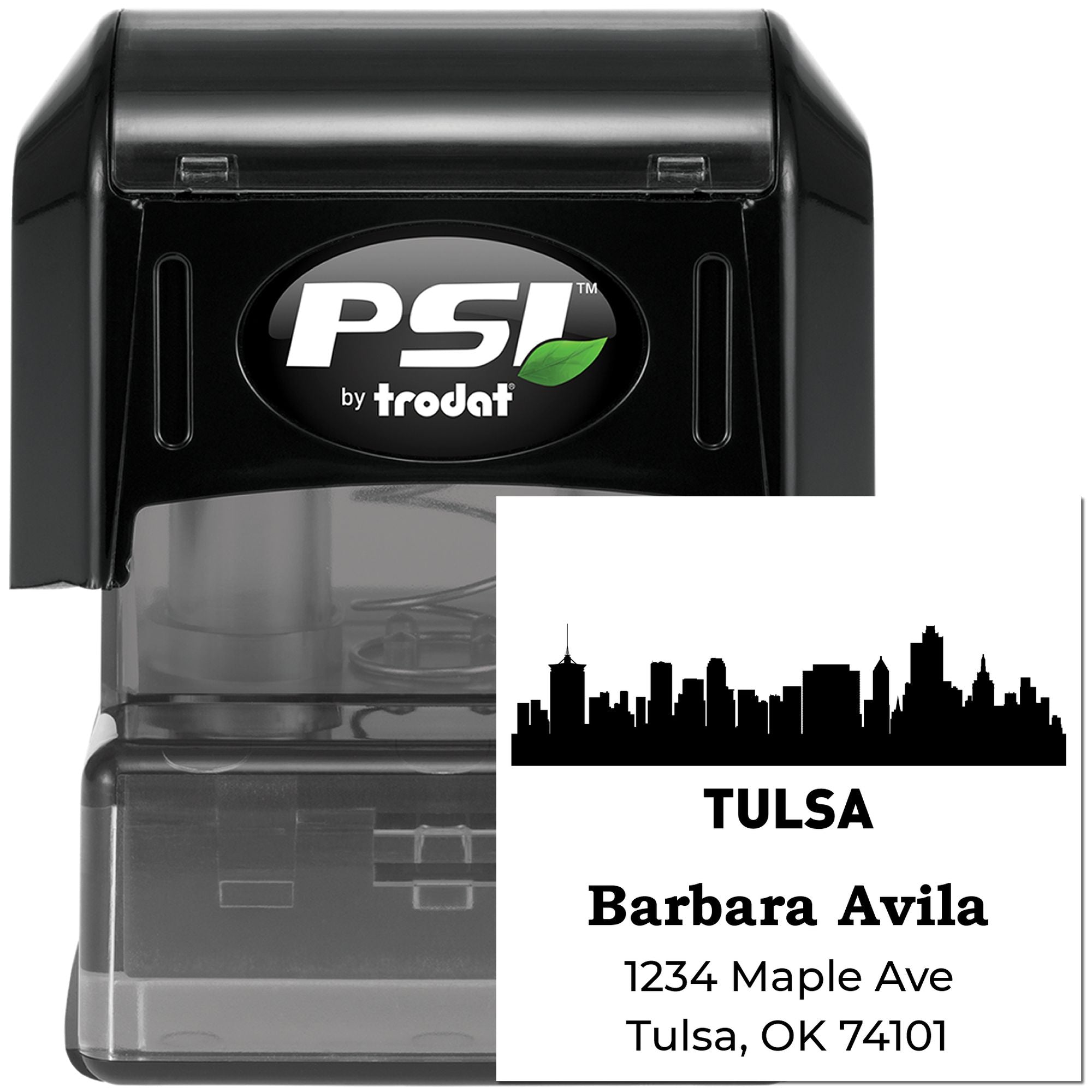 PSI by Trodat custom self-inking rubber stamp for Tulsa address, featuring skyline and Barbara Avila.