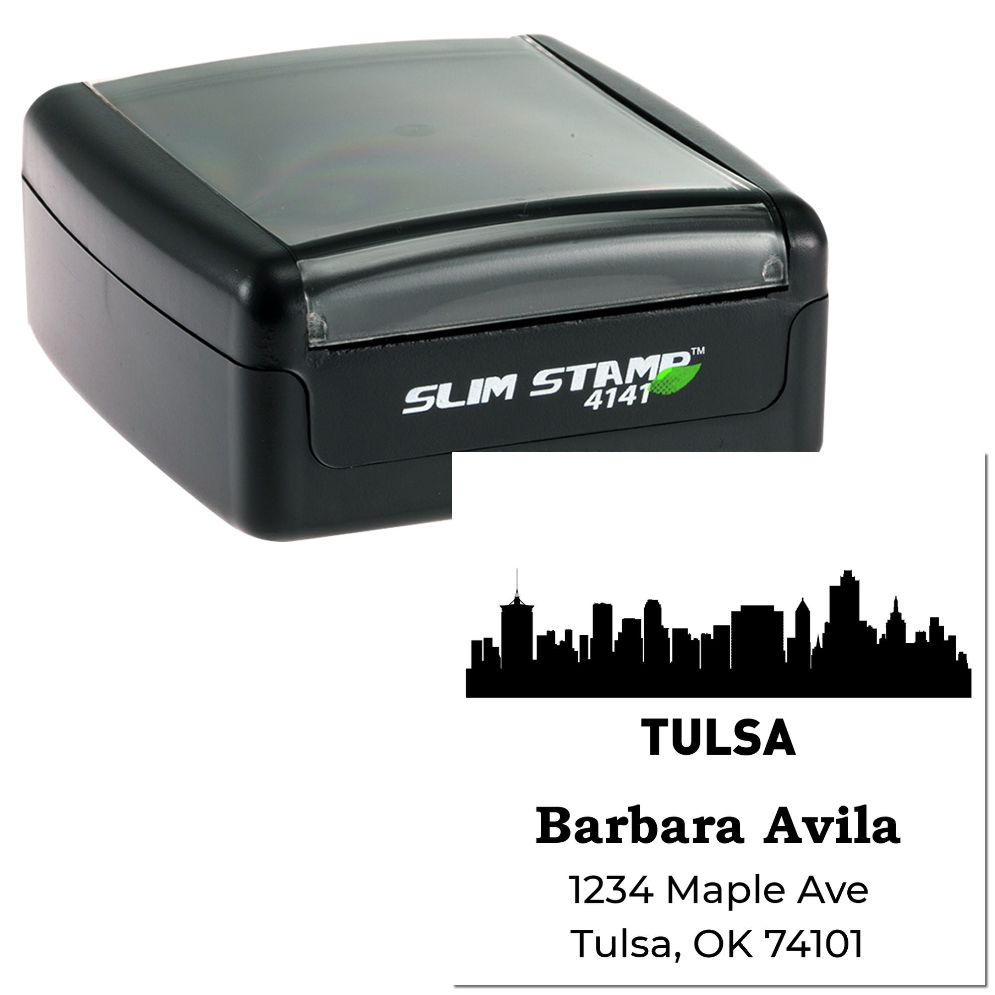 Custom self-inking rubber stamp with Tulsa skyline and address, featuring Barbara Avila and 1234 Maple Ave, Tulsa, OK 74101.