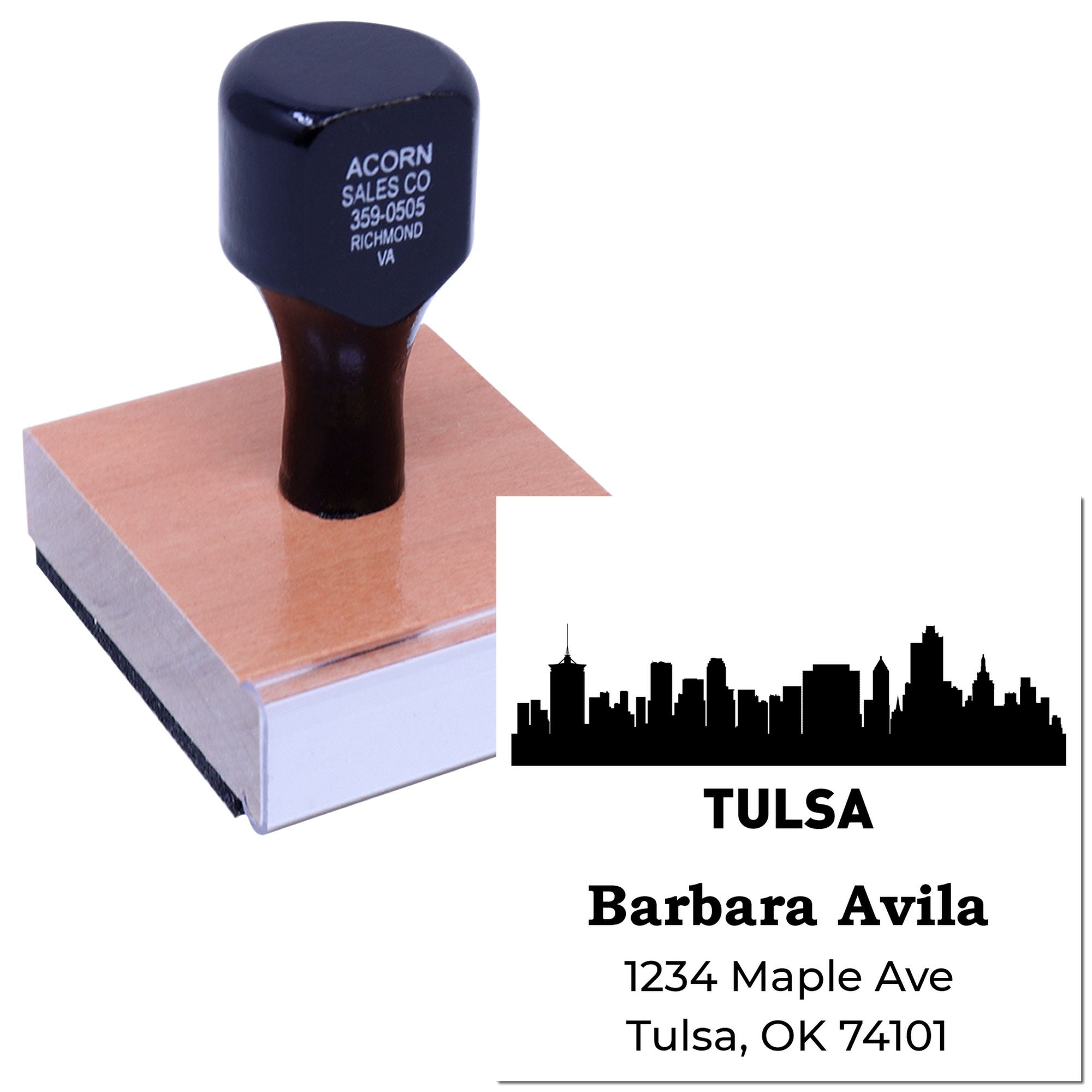 Custom return address rubber stamp with Tulsa skyline for Barbara Avila, 1234 Maple Ave, Tulsa, OK 74101
