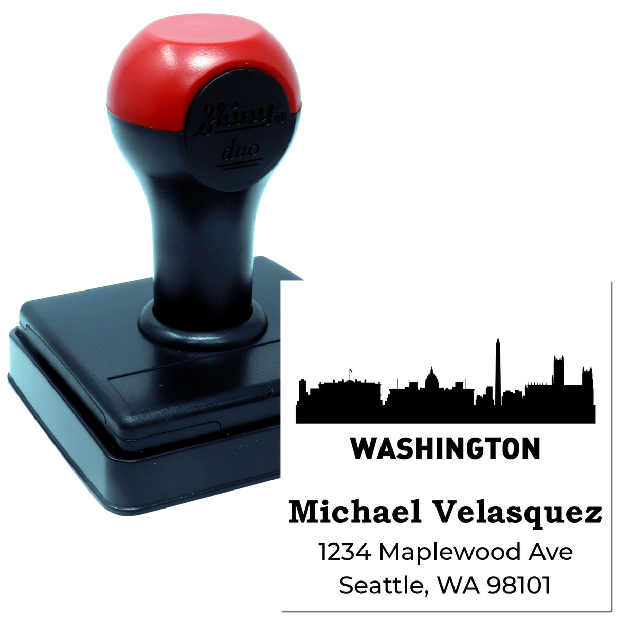 Self-inking custom address rubber stamp with Washington skyline for Michael Velasquez, Seattle, WA.