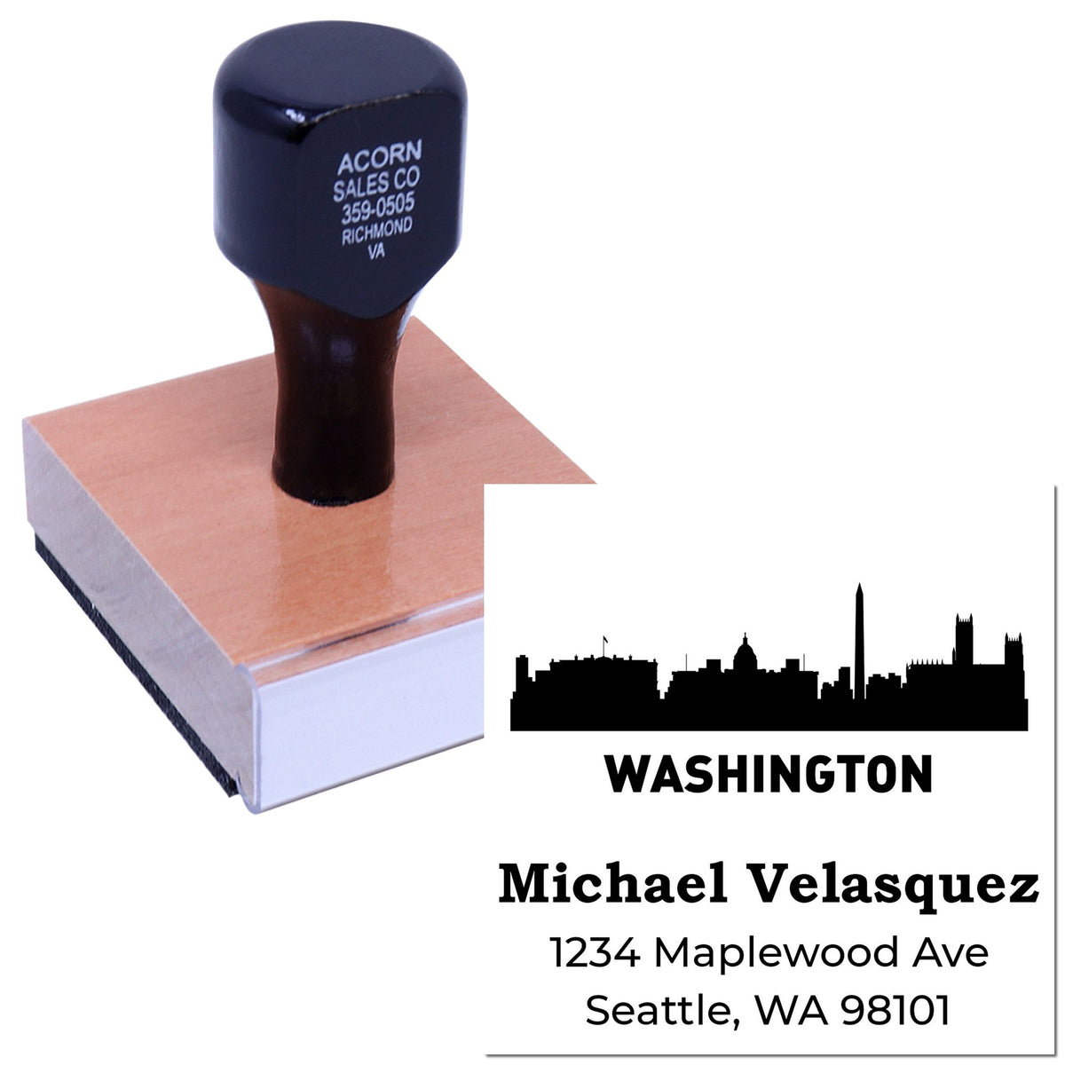 Custom rubber address stamp with Washington skyline, Michael Velasquez name, and Seattle, WA 98101 return address.