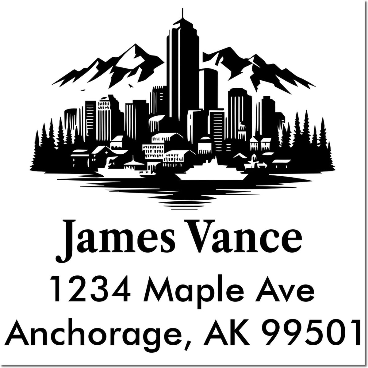 Custom return address rubber stamp with Anchorage skyline, mountains, and personalized name and address for James Vance.