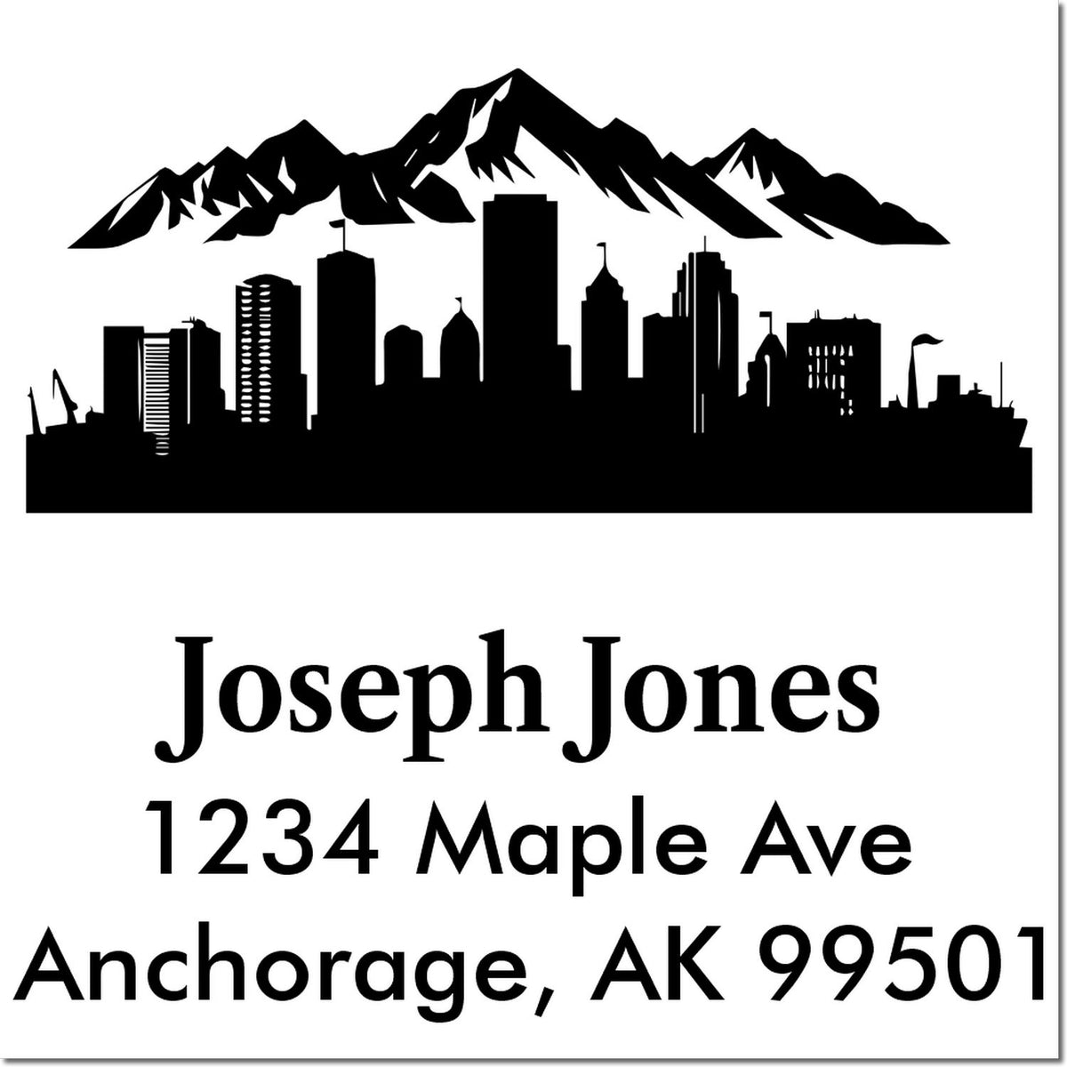 Custom return address rubber stamp with Anchorage skyline, Joseph Jones, 1234 Maple Ave, Anchorage, AK 99501