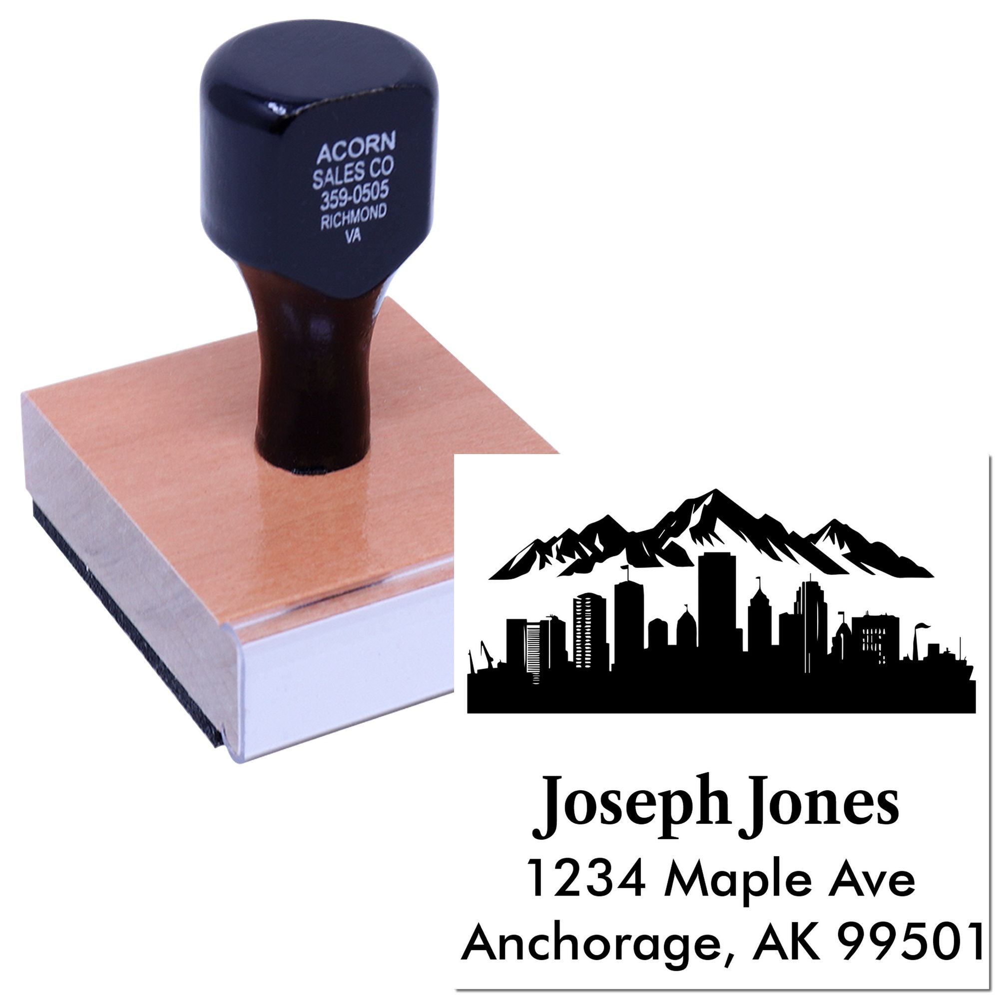 Alaska City Silhouette Customized Address 3 Lines Stamp with Wood Handle