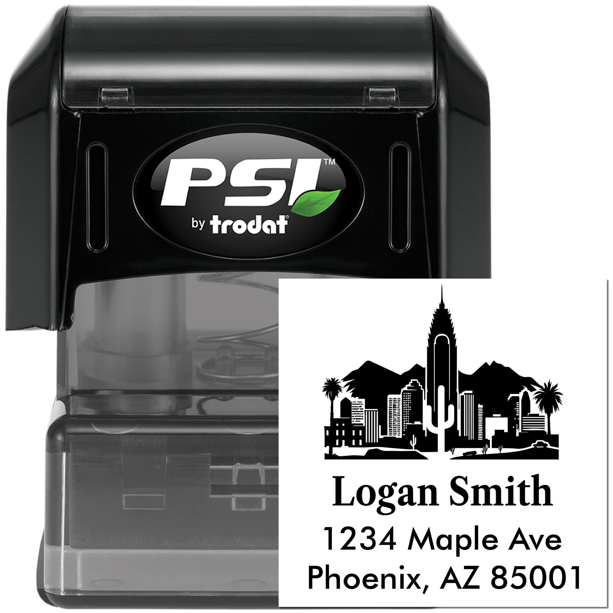 PSI by Trodat self-inking custom address rubber stamp with skyline design, Logan Smith, Phoenix, AZ 85001