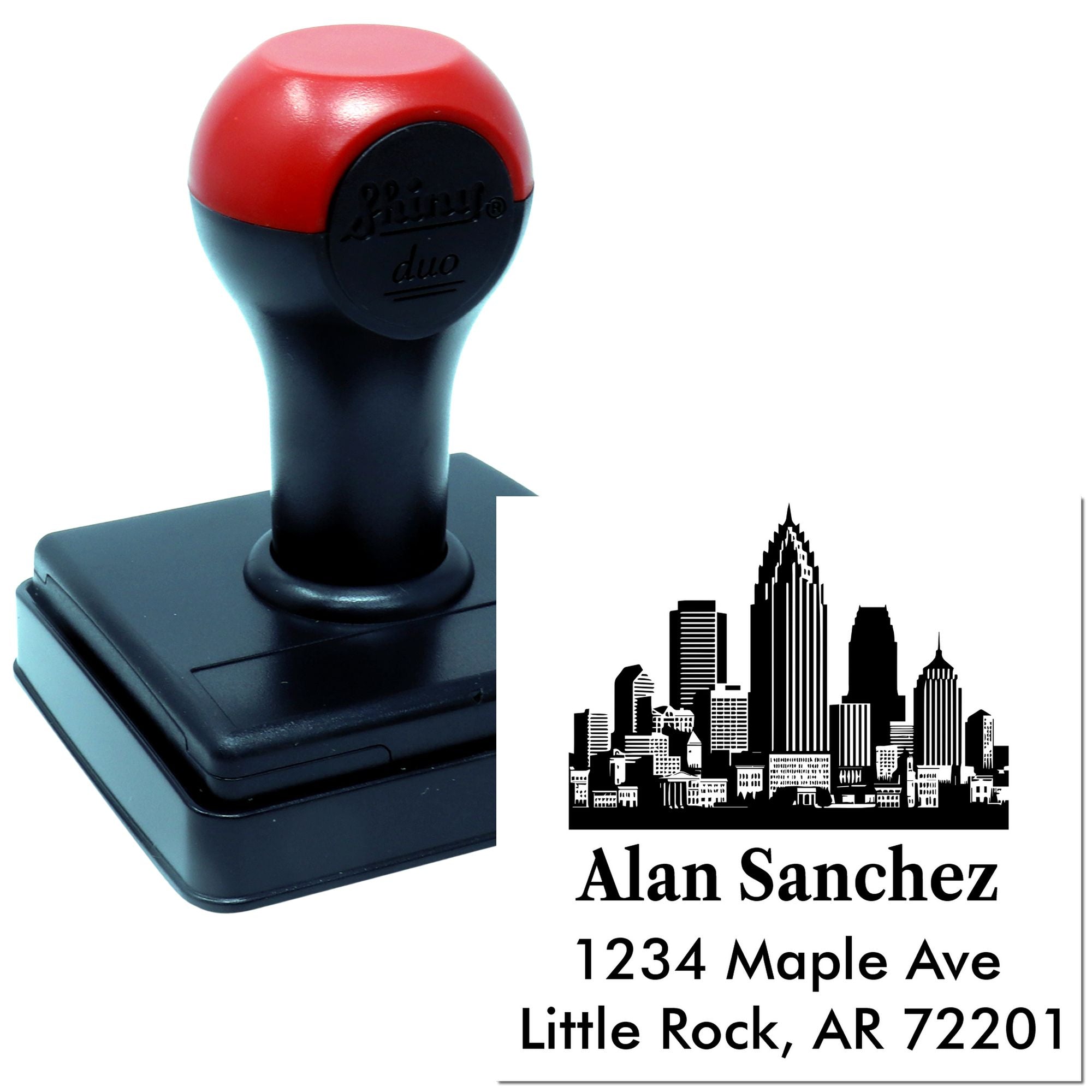 Custom self-inking rubber address stamp with Little Rock skyline logo for Alan Sanchez, 1234 Maple Ave, Little Rock, AR 72201.