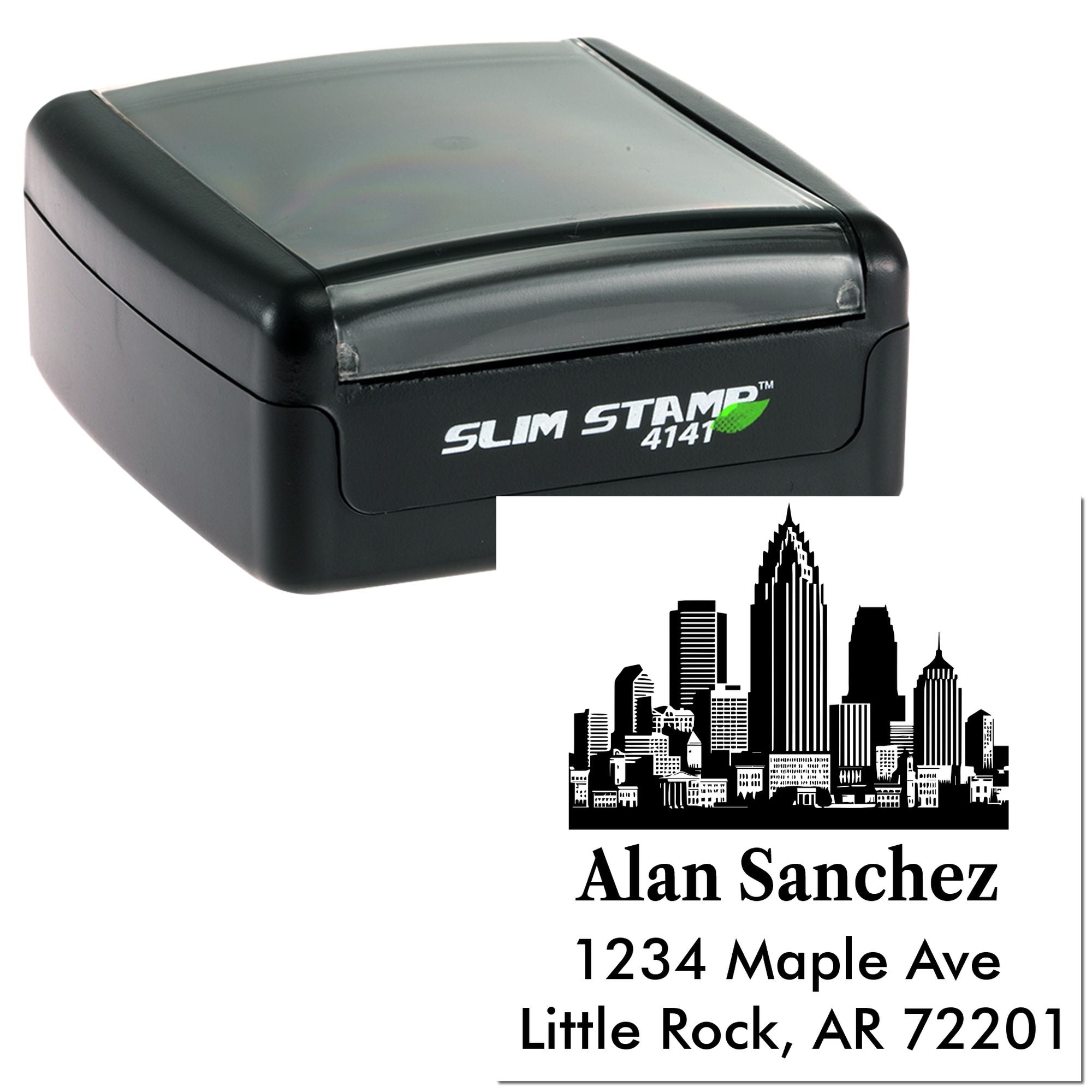 Custom self-inking rubber address stamp with city skyline design and personalized name, street, city, state, and ZIP imprint.