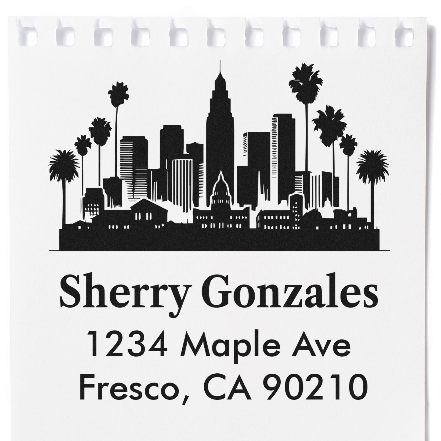 Custom address rubber stamp with city skyline and palm tree design for Sherry Gonzales, Fresno, CA 90210
