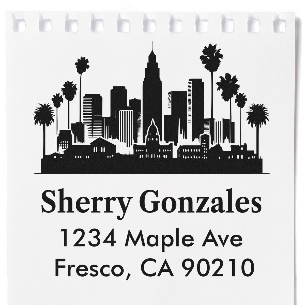 Custom return address rubber stamp with city skyline and palm trees for Sherry Gonzales, 1234 Maple Ave, Fresno, CA 90210.