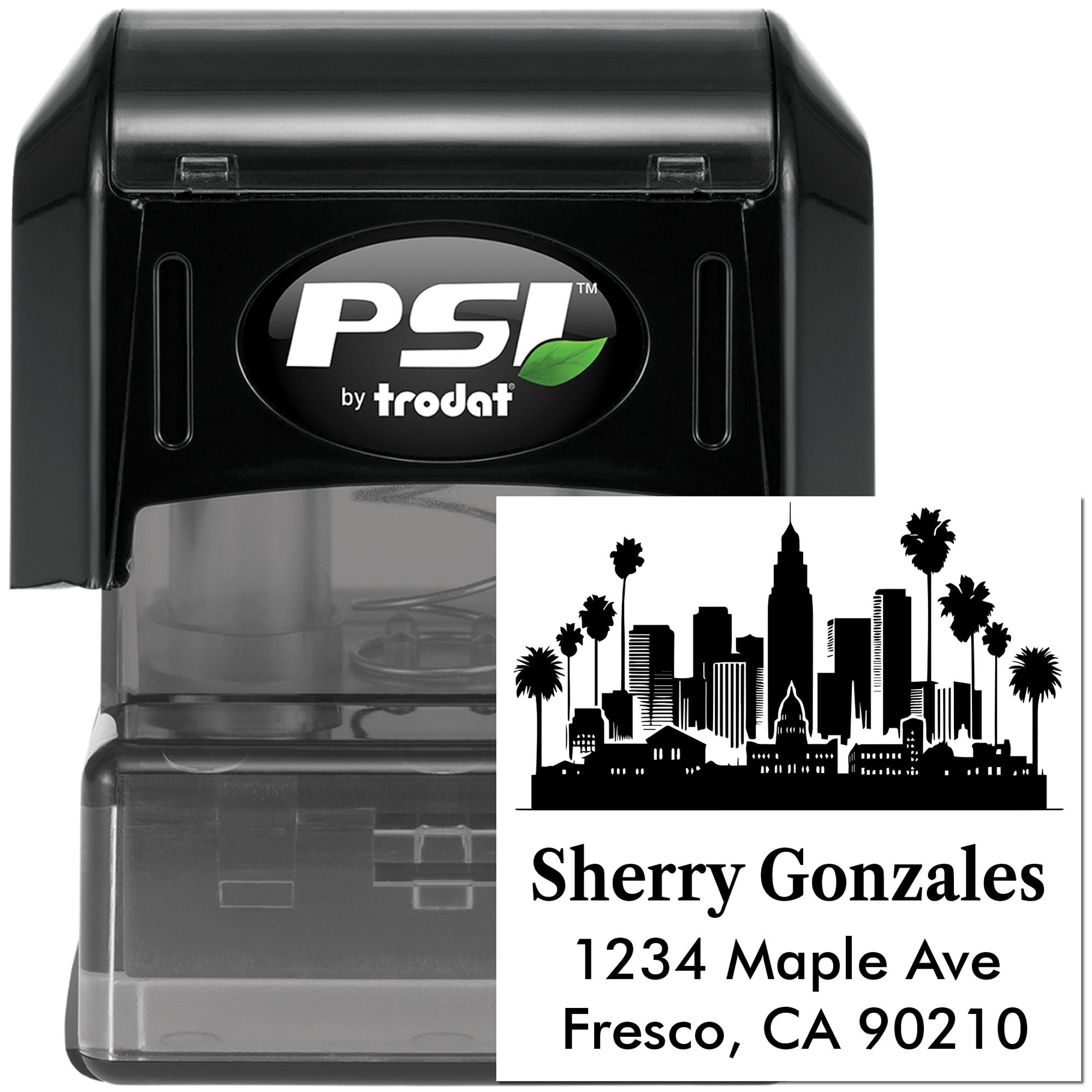 Custom self-inking rubber address stamp by PSI by Trodat with skyline design for Sherry Gonzales, Fresno, CA 90210