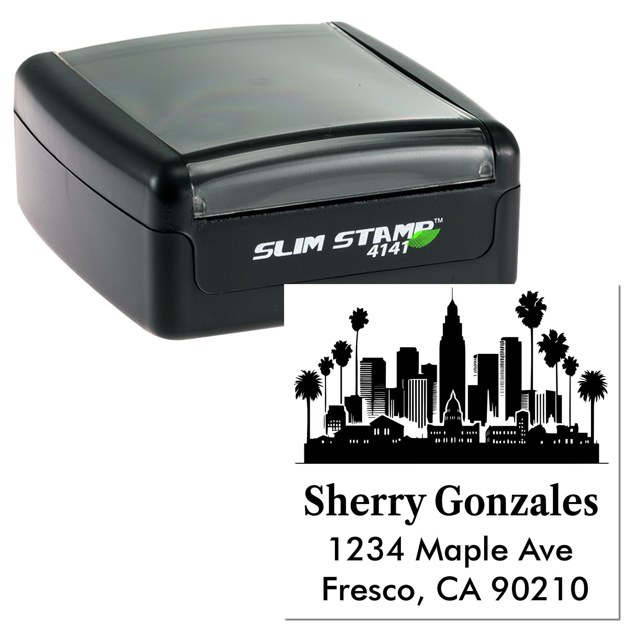 Custom self-inking address rubber stamp with skyline design, personalized name and address imprint, Slim Stamp 4141