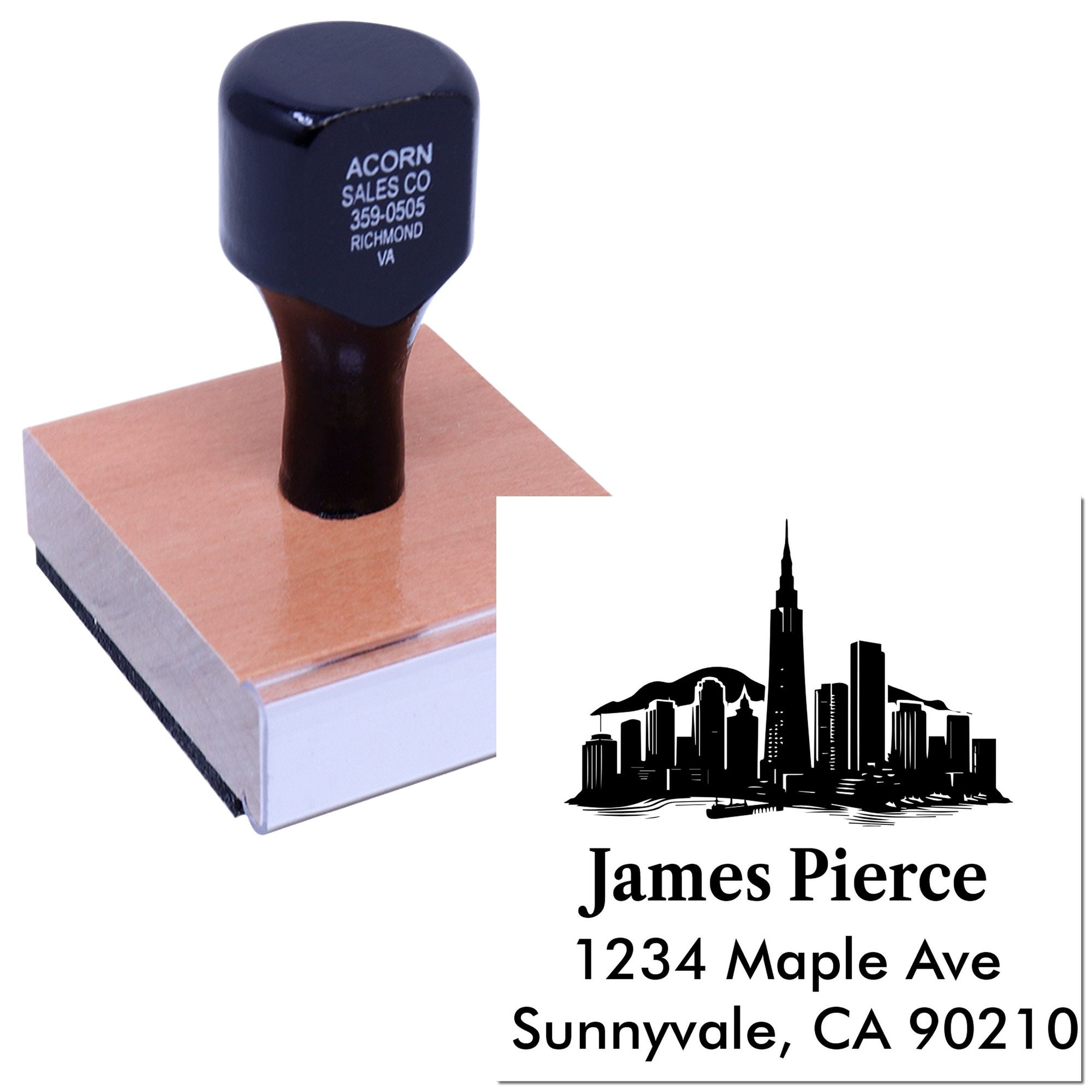Custom self-inking address rubber stamp with skyline logo, ideal for personalized business mail and branding.