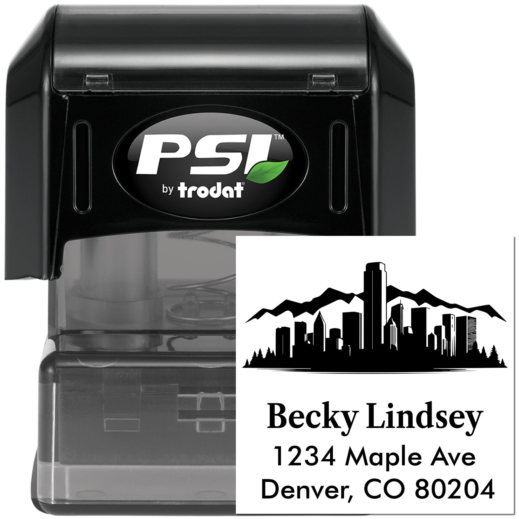 Custom self-inking return address rubber stamp with Denver skyline design for Becky Lindsey, 1234 Maple Ave, Denver, CO 80204.