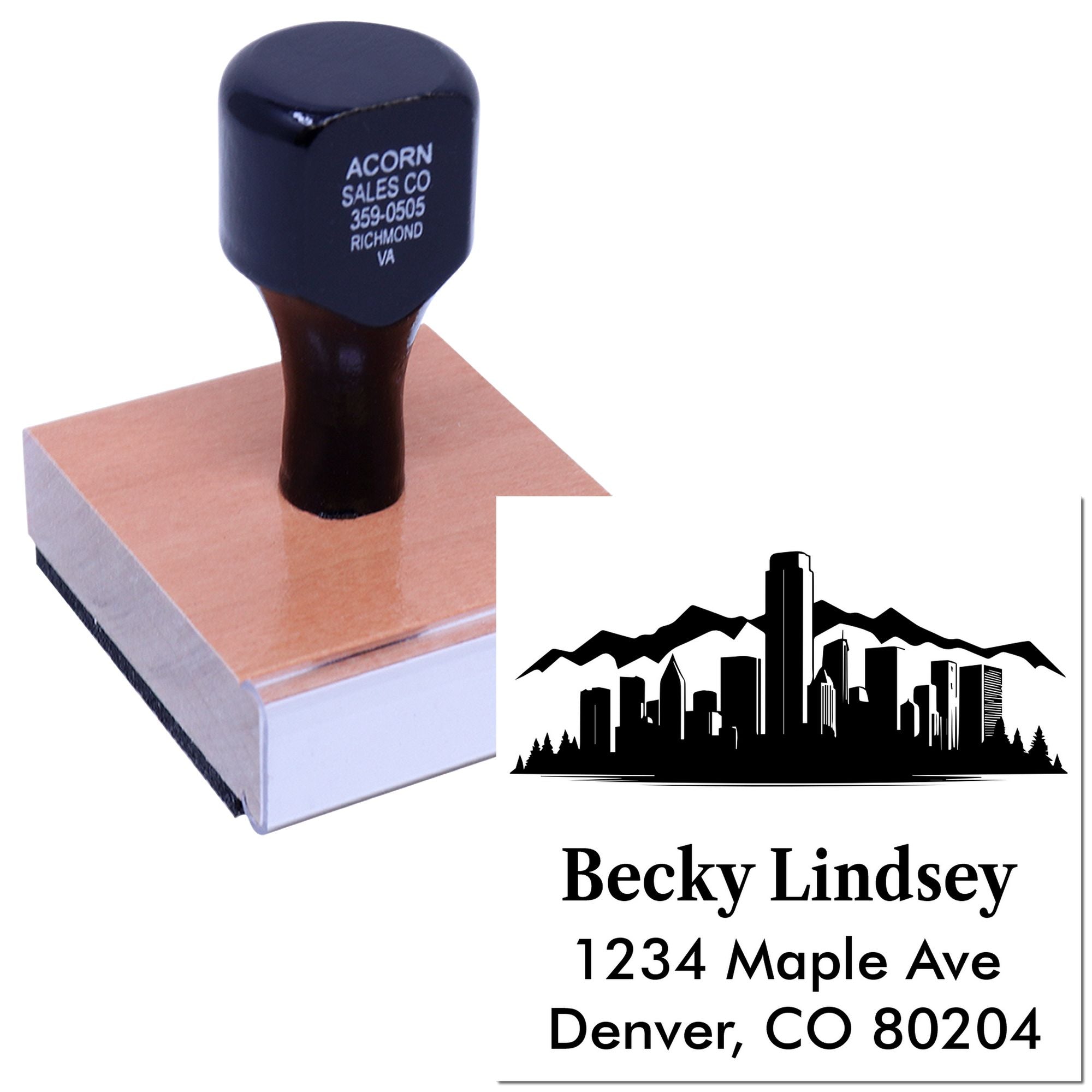 Custom rubber address stamp with Denver skyline logo and Becky Lindsey business address