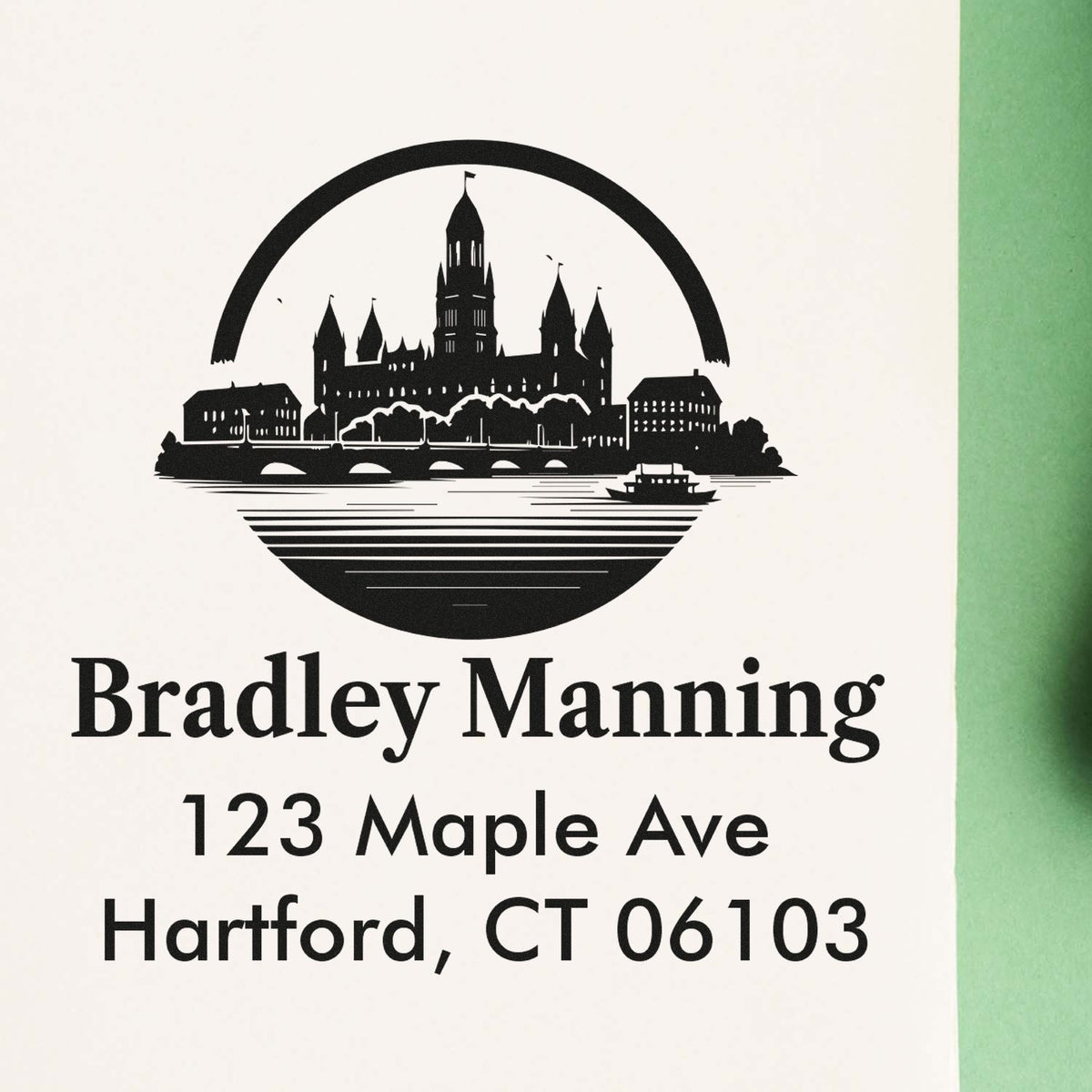 Custom Hartford CT return address rubber stamp with skyline logo for Bradley Manning, 123 Maple Ave, Hartford, CT 06103.
