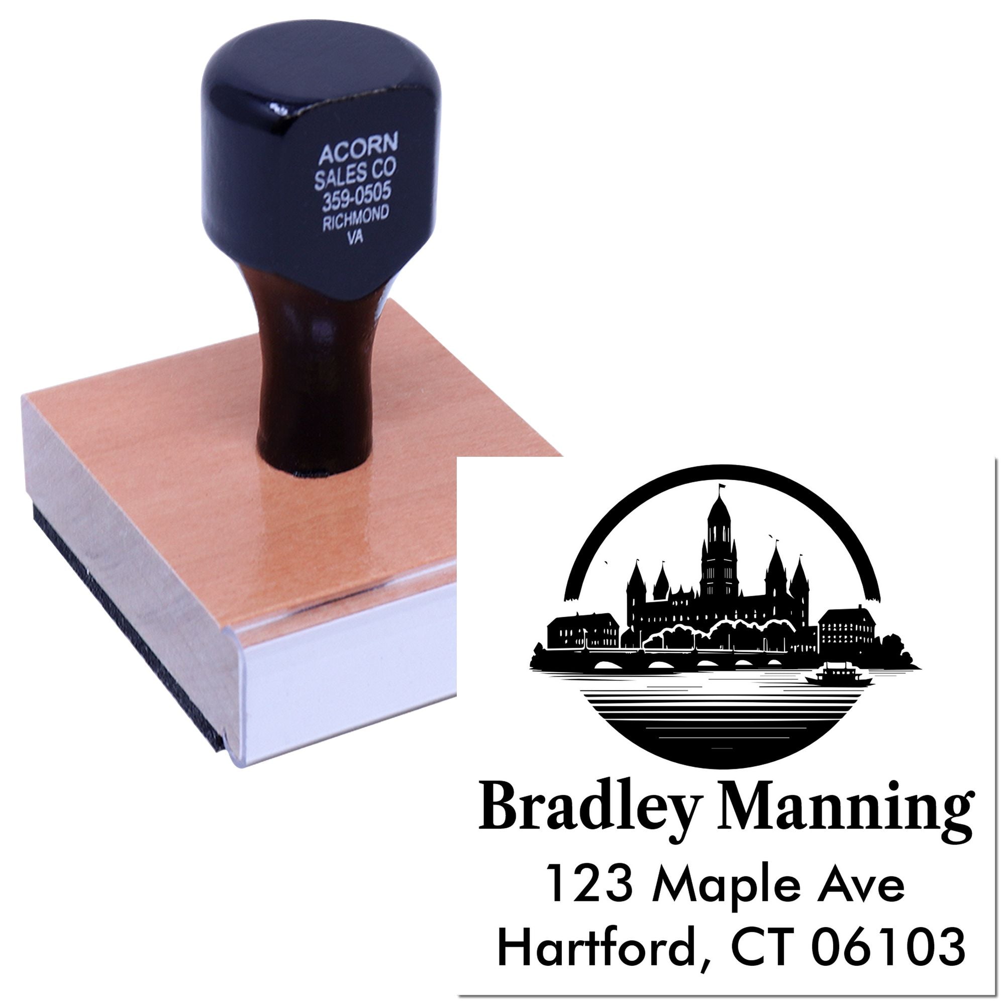 Personalized return address rubber stamp with logo, showing wood handle stamp imprint for Bradley Manning, Hartford, CT 06103.