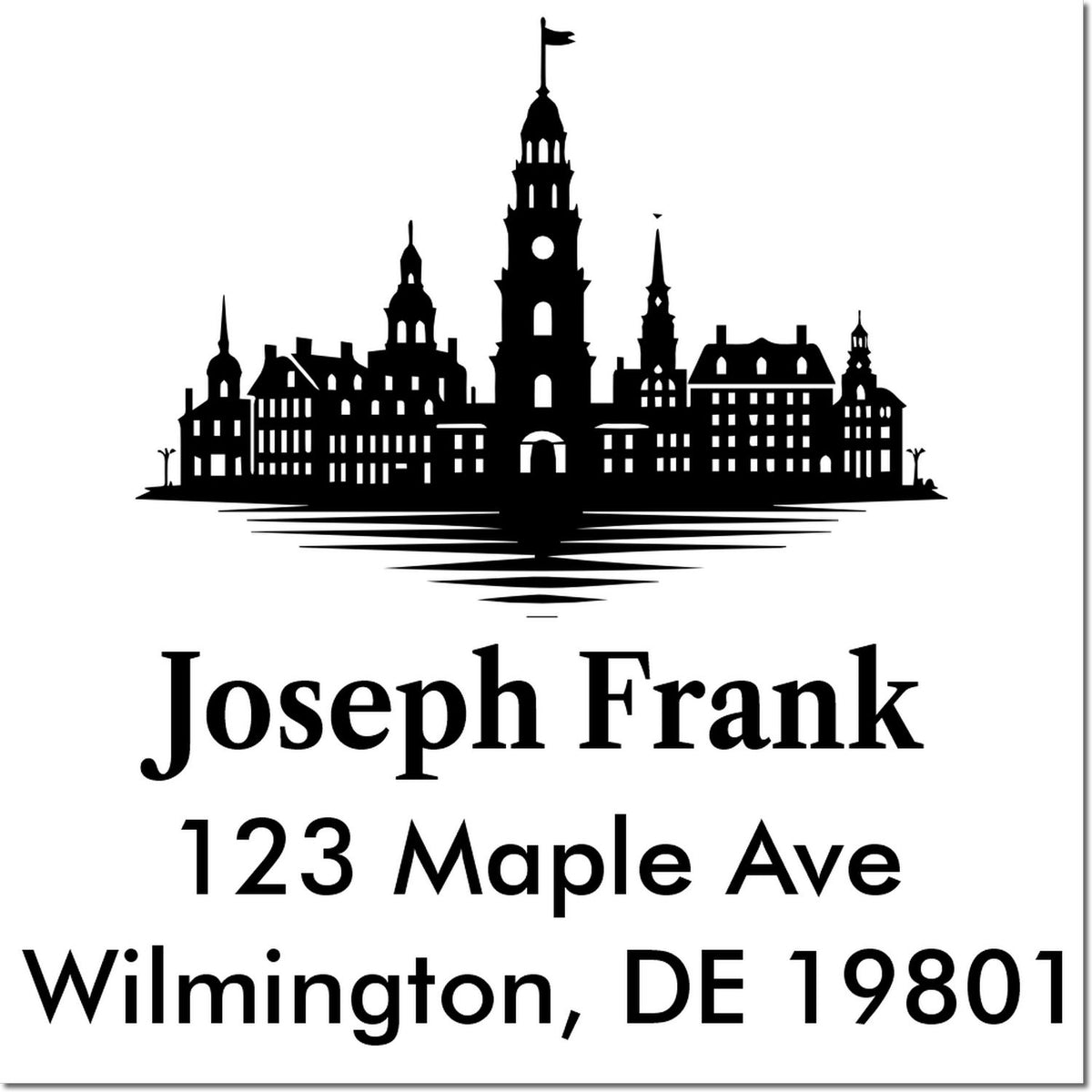 Custom return address rubber stamp with Wilmington, DE skyline, Joseph Frank, 123 Maple Ave.