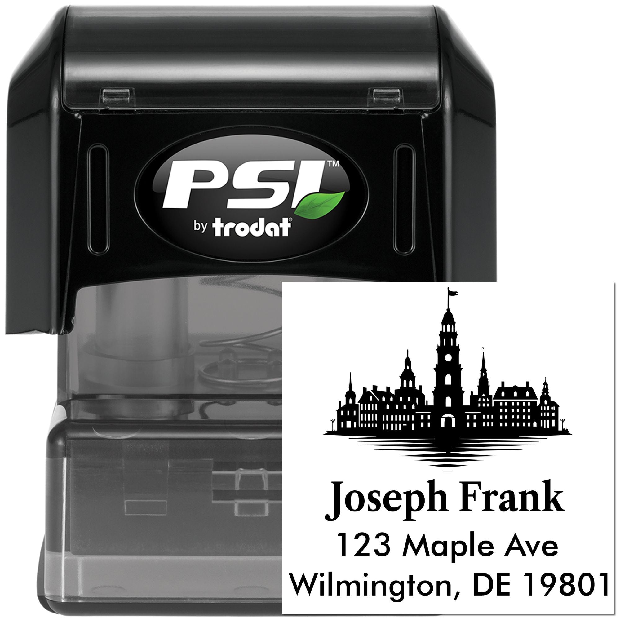PSI by Trodat self-inking custom address rubber stamp with skyline design for personalized mail.
