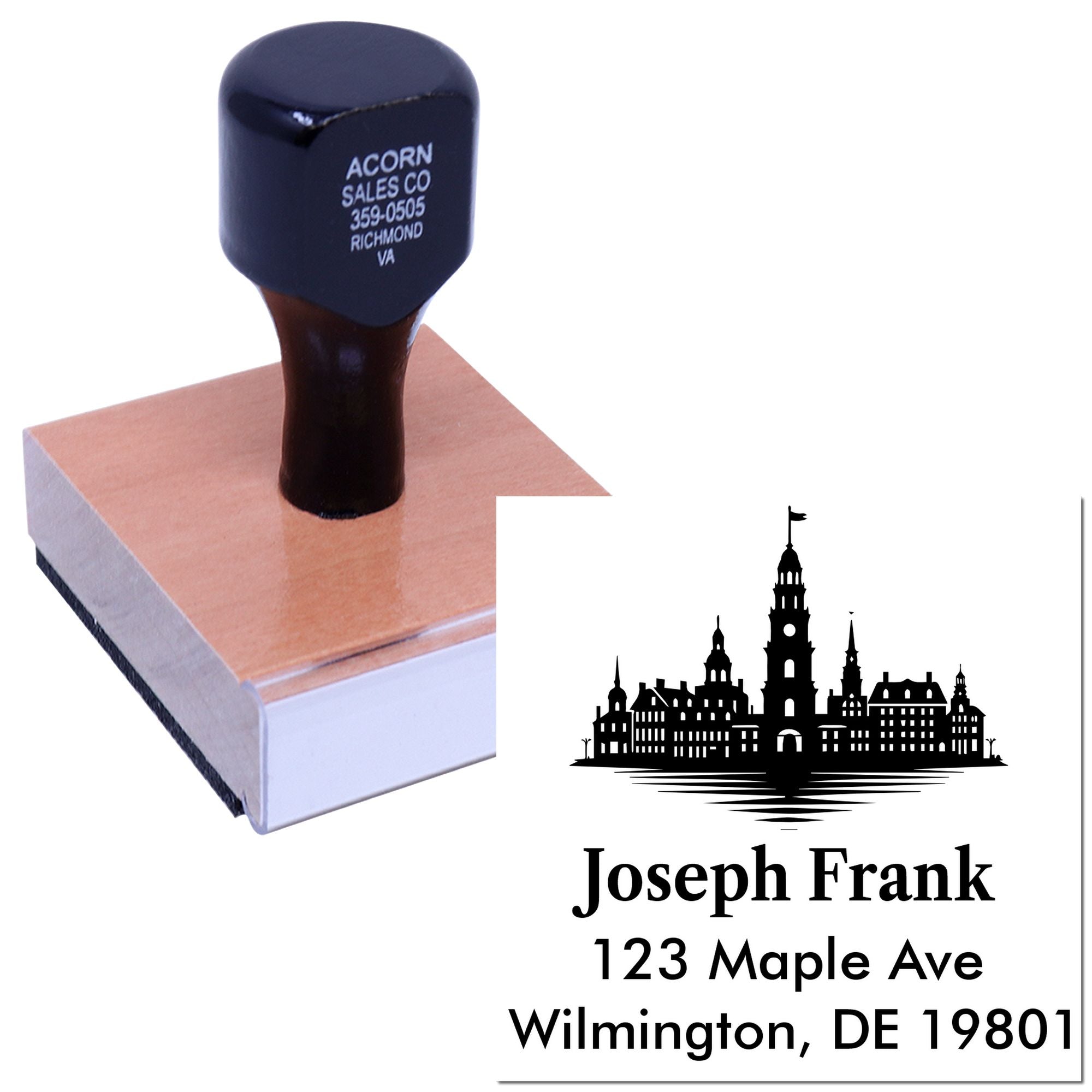 Custom self-inking return address rubber stamp with skyline logo for Joseph Frank, Wilmington, DE 19801.