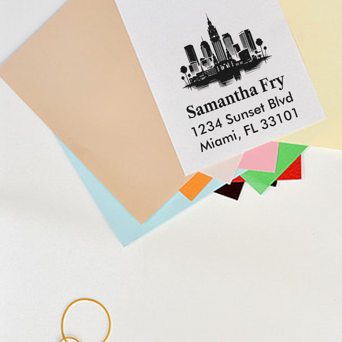 Personalized Miami skyline address rubber stamp for envelopes, with Samantha Fry and 1234 Sunset Blvd, FL 33101.