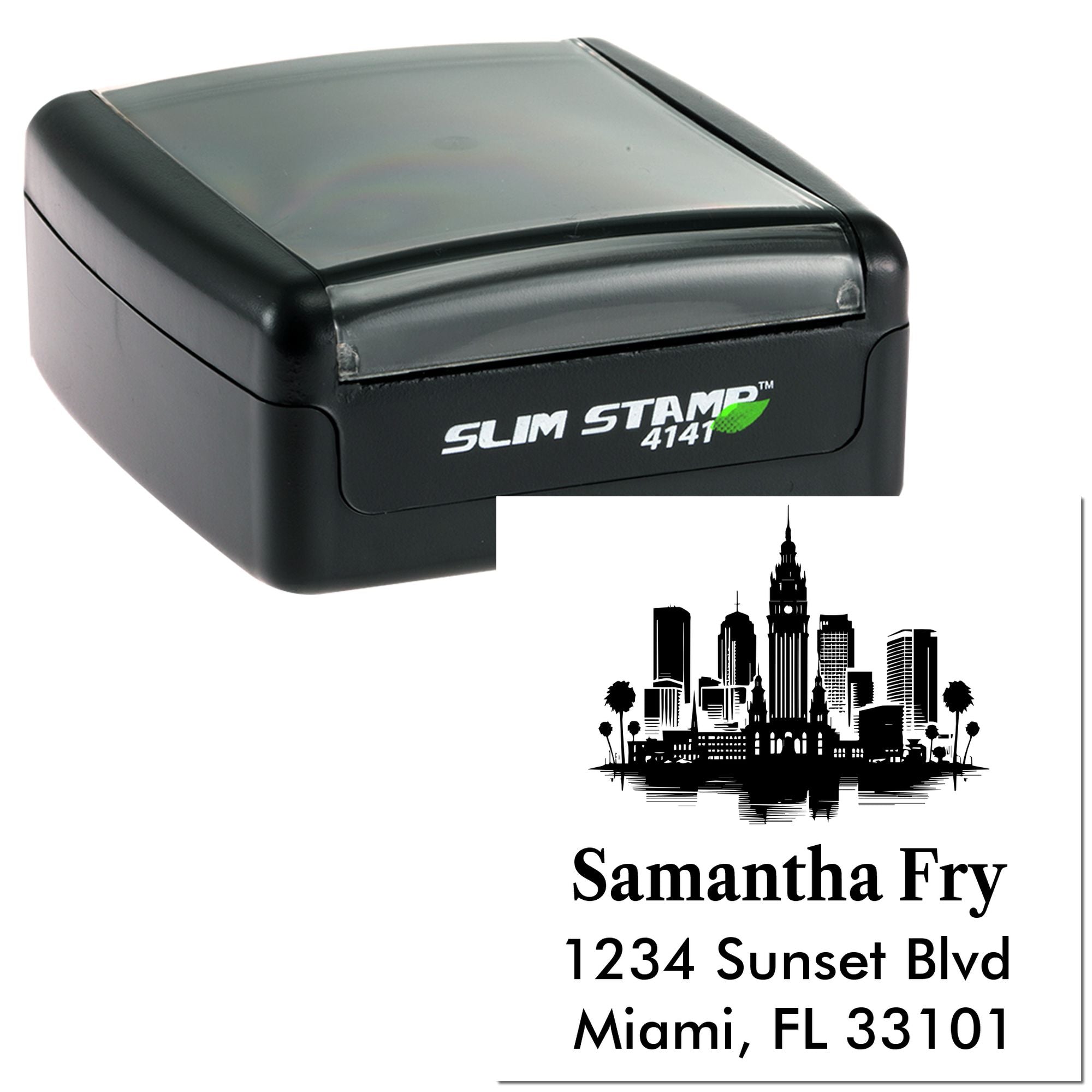 Custom self-inking return address rubber stamp with Miami skyline, Samantha Fry name, and 1234 Sunset Blvd address.