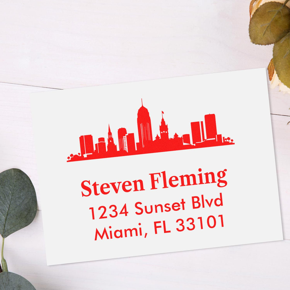 Custom return address rubber stamp with Miami skyline, Steven Fleming, 1234 Sunset Blvd, Miami, FL 33101.
