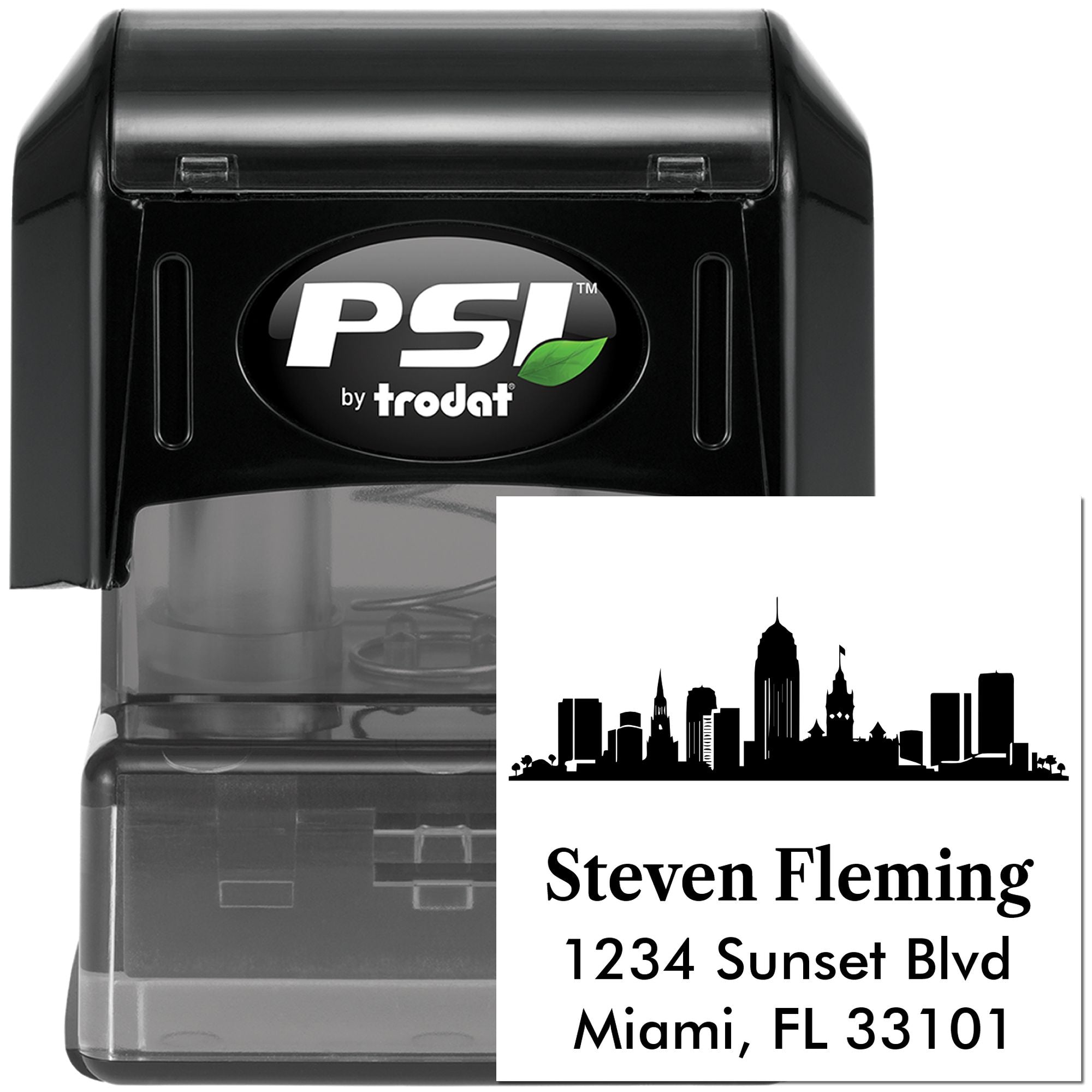 PSI by Trodat self-inking custom address rubber stamp with skyline design and personalized name and mailing address.