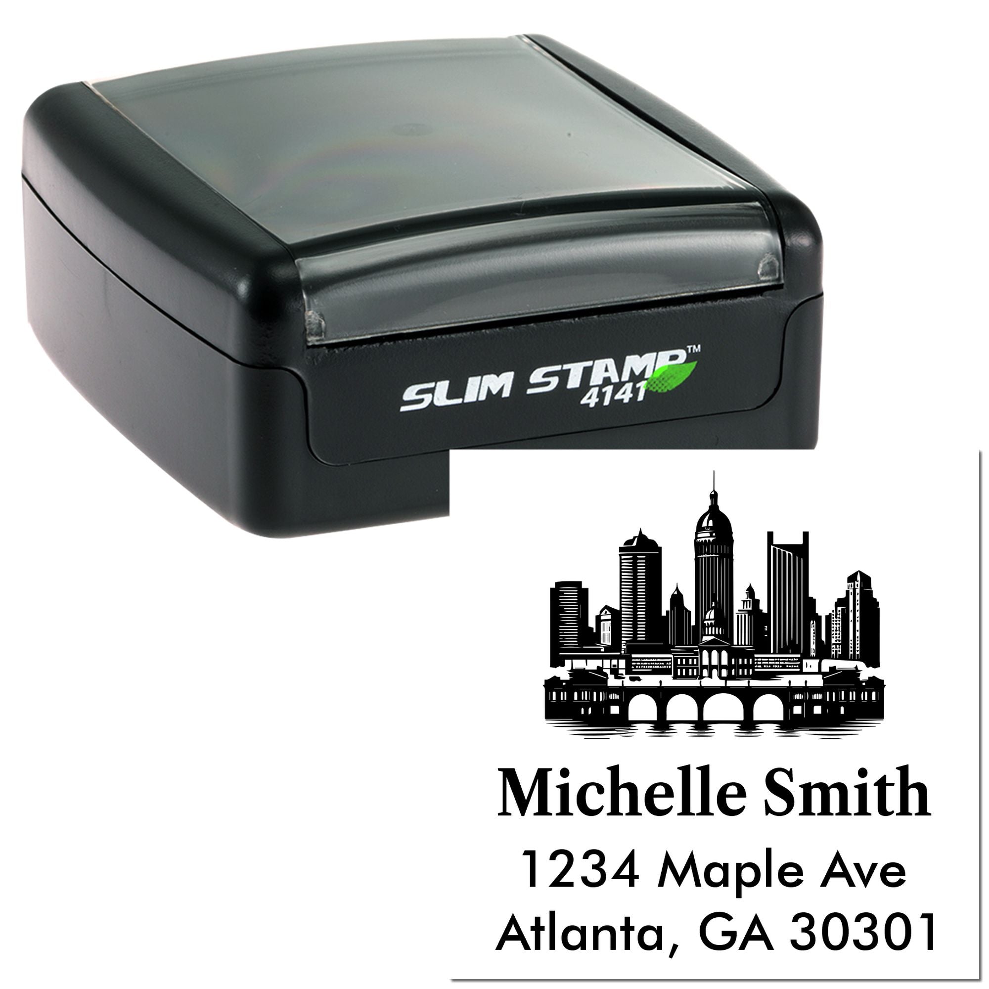 Custom self-inking address stamp with Atlanta skyline, personalized for Michelle Smith, 1234 Maple Ave, Atlanta, GA 30301.