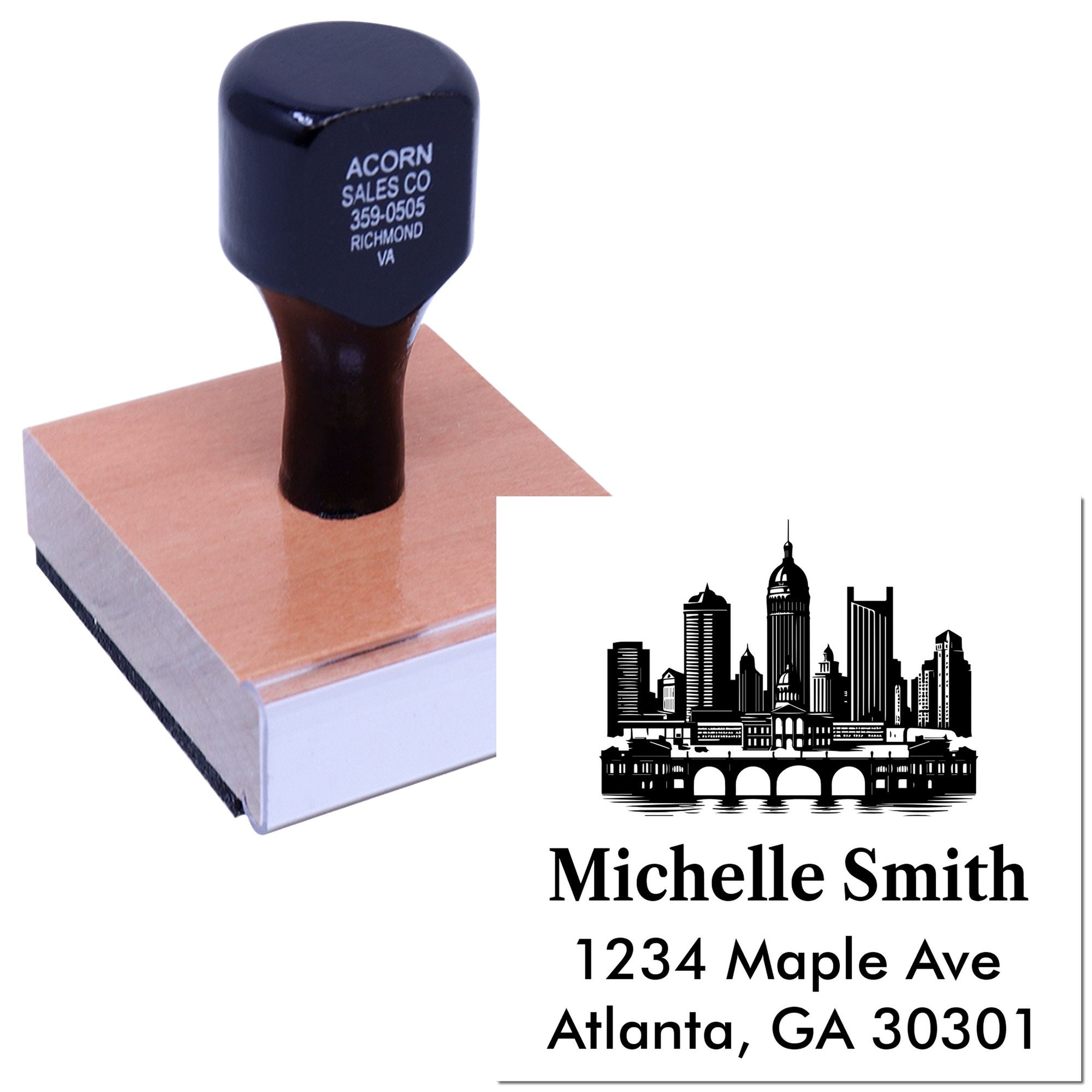 Custom rubber address stamp with skyline logo for personalized return addresses, business mailings, and branding.