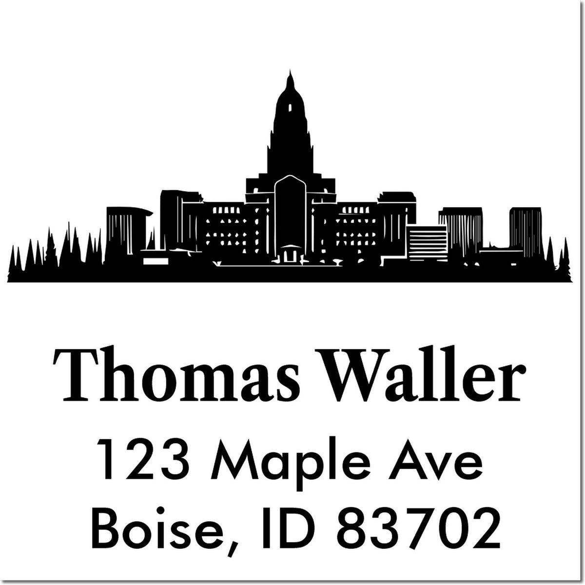 Boise skyline return address rubber stamp for Thomas Waller, 123 Maple Ave, Boise, ID 83702.