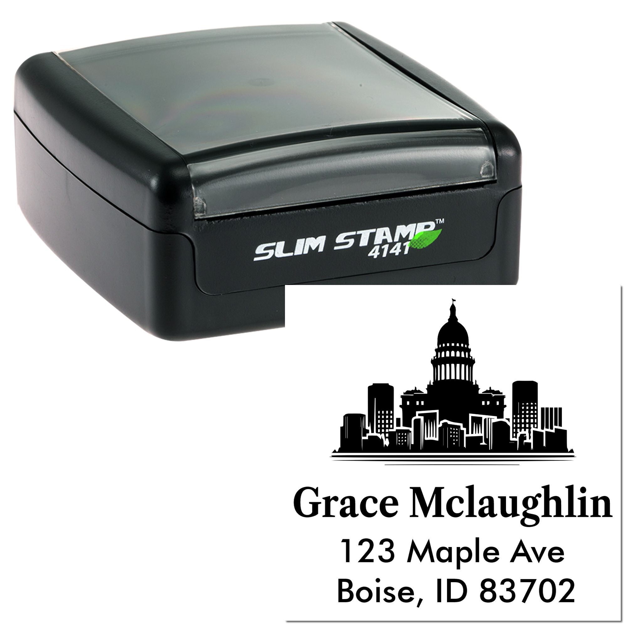 Custom self-inking rubber address stamp with skyline design and personalized name, street address, and Boise, ID imprint.