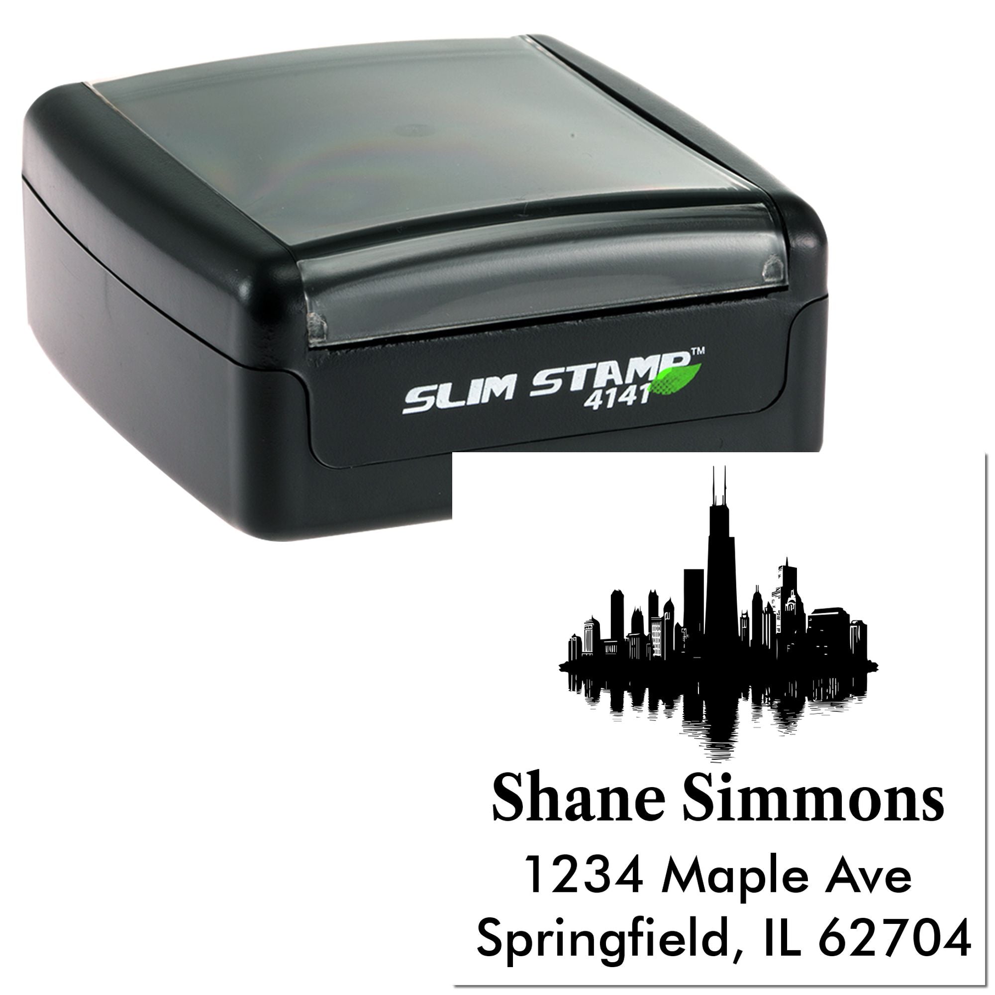 Custom self-inking address rubber stamp with skyline logo and name imprint for business or personal mail.