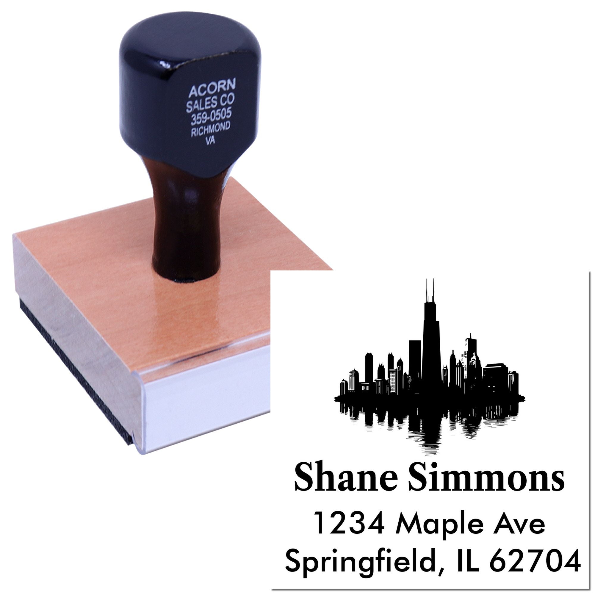 Custom rubber address stamp with skyline logo for business mailings and return address labeling, featuring name, street, city, and ZIP code.