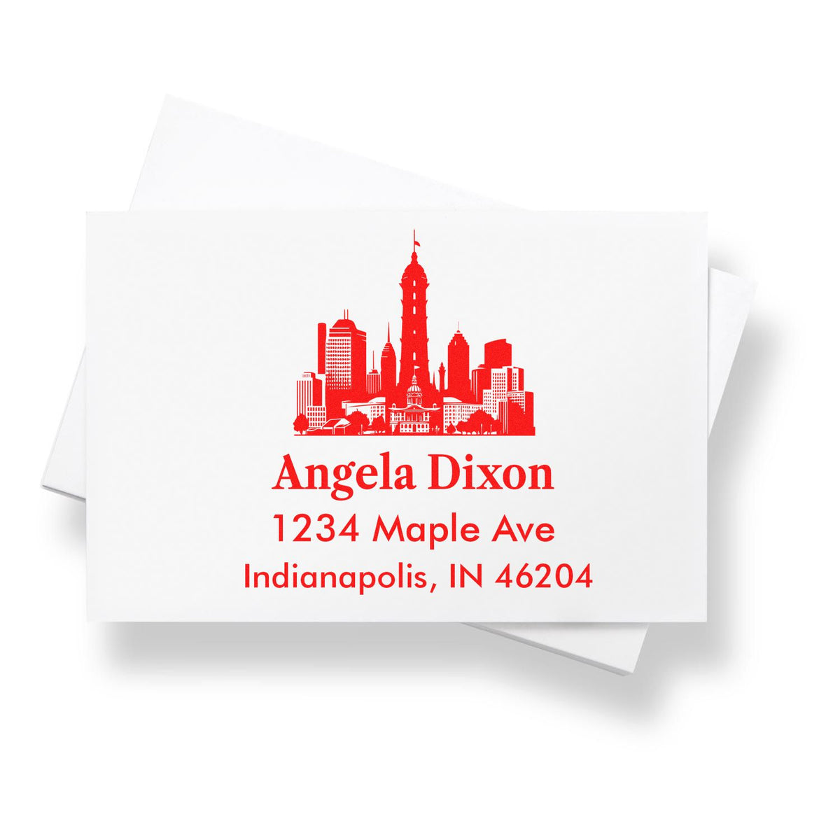 Custom return address rubber stamp with Indianapolis skyline, personalized for Angela Dixon, Indianapolis, IN 46204.