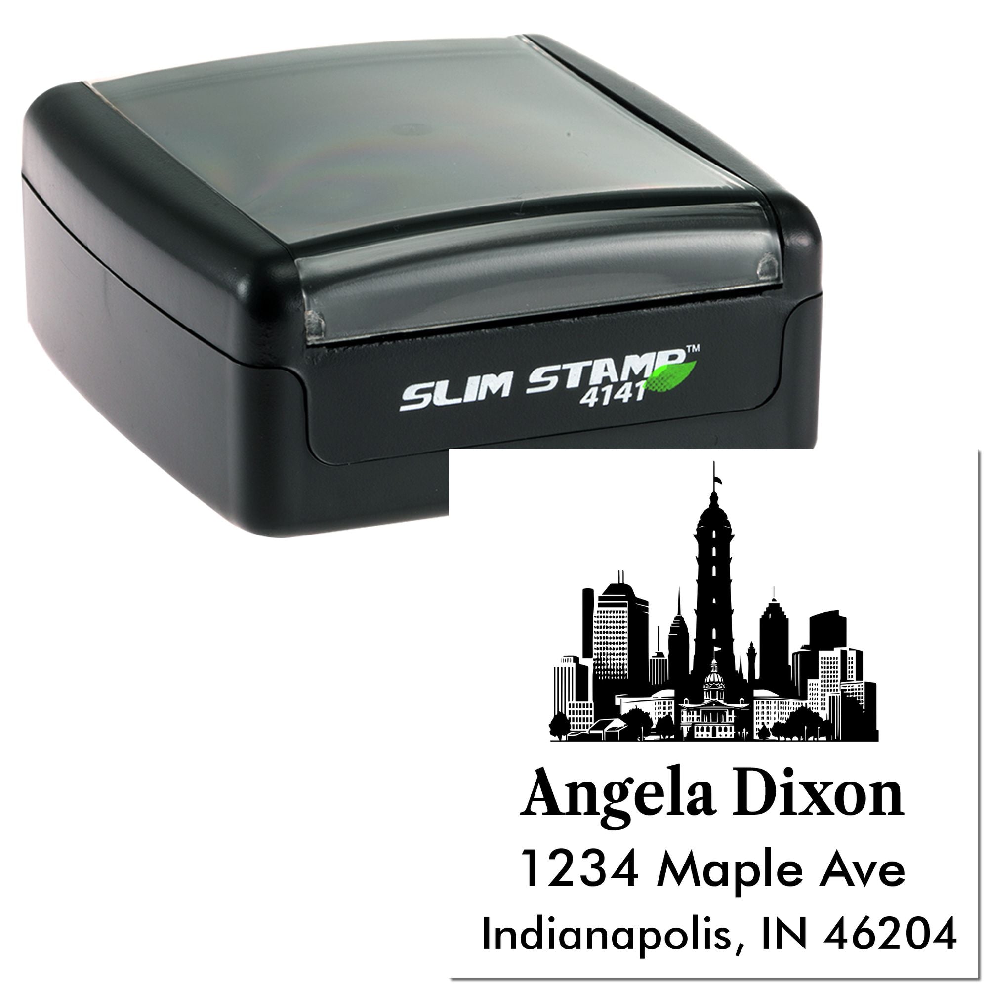 Custom self-inking rubber address stamp with skyline design, Angela Dixon name, and Indianapolis, IN return address.