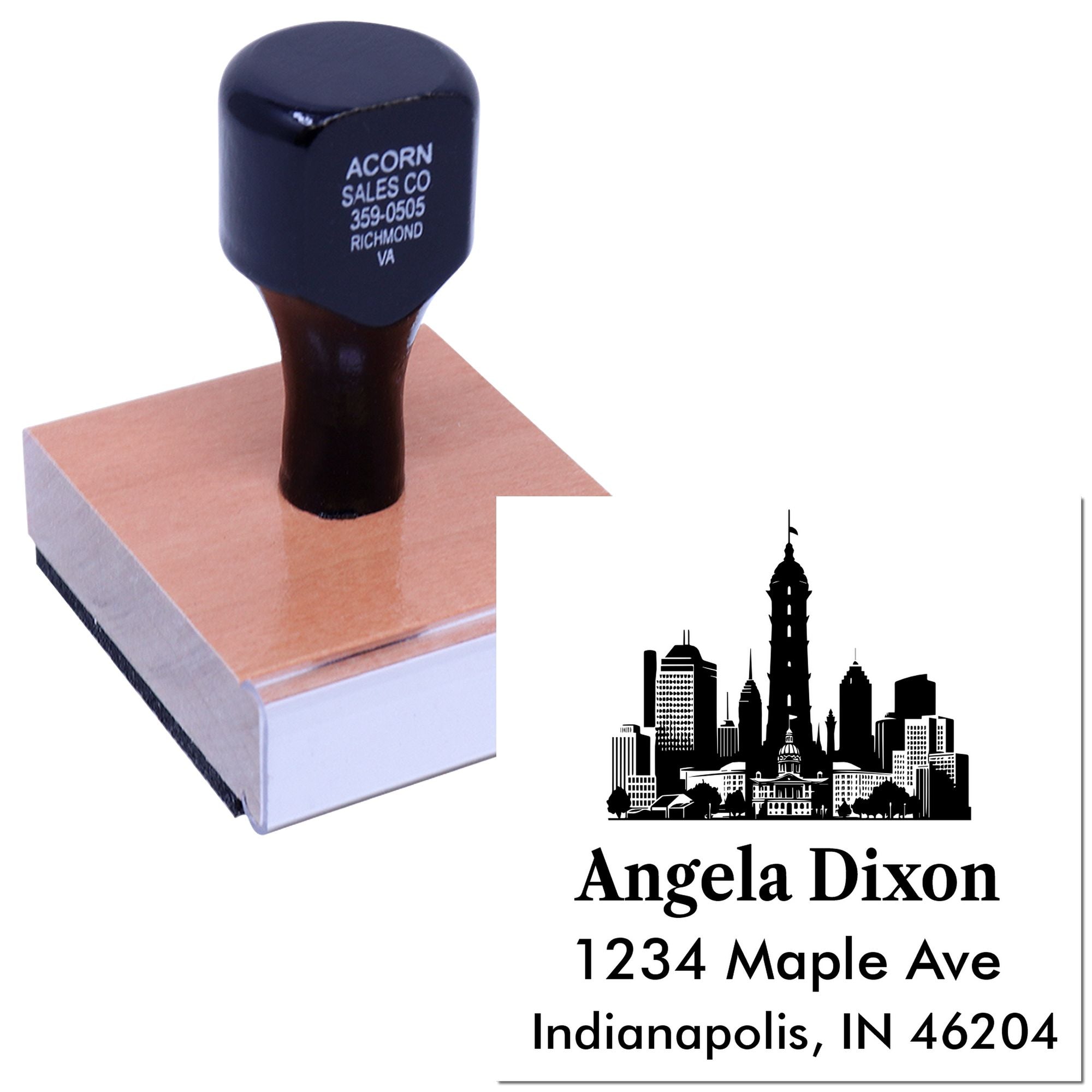 Custom return address rubber stamp with skyline logo, used for personalized mailing and business branding.
