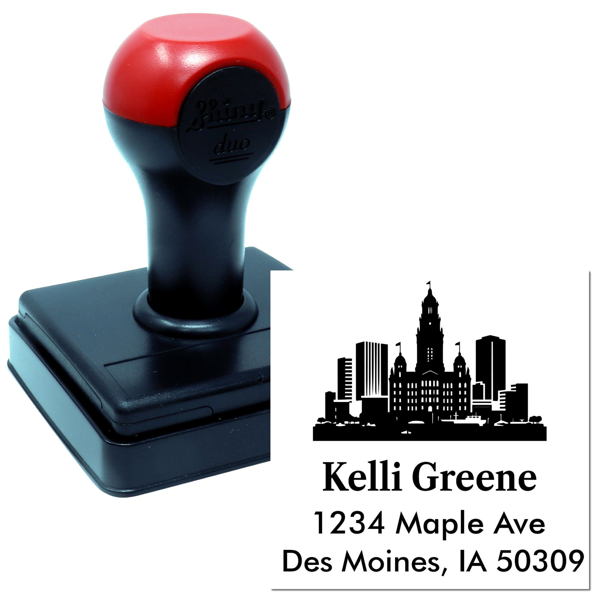 Custom self-inking address rubber stamp with skyline design for personalized return address printing