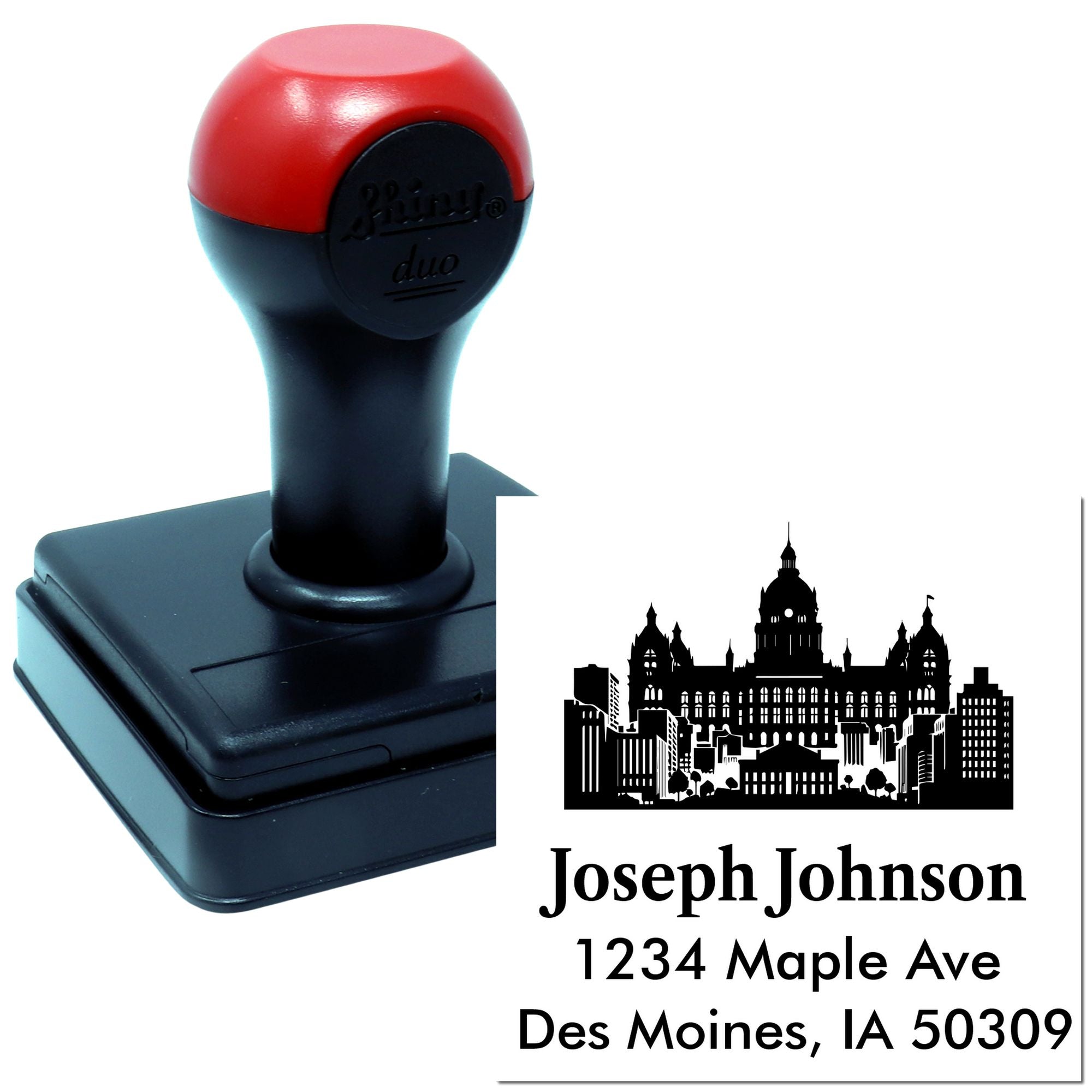 Personalized self-inking address rubber stamp with Des Moines skyline, Joseph Johnson, 1234 Maple Ave, Des Moines, IA 50309