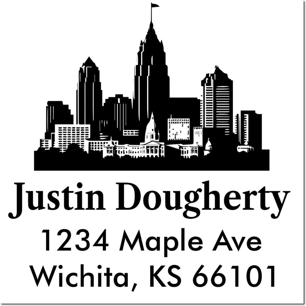 Personalized return address rubber stamp with Wichita skyline, Justin Dougherty, 1234 Maple Ave, Wichita, KS 66101.
