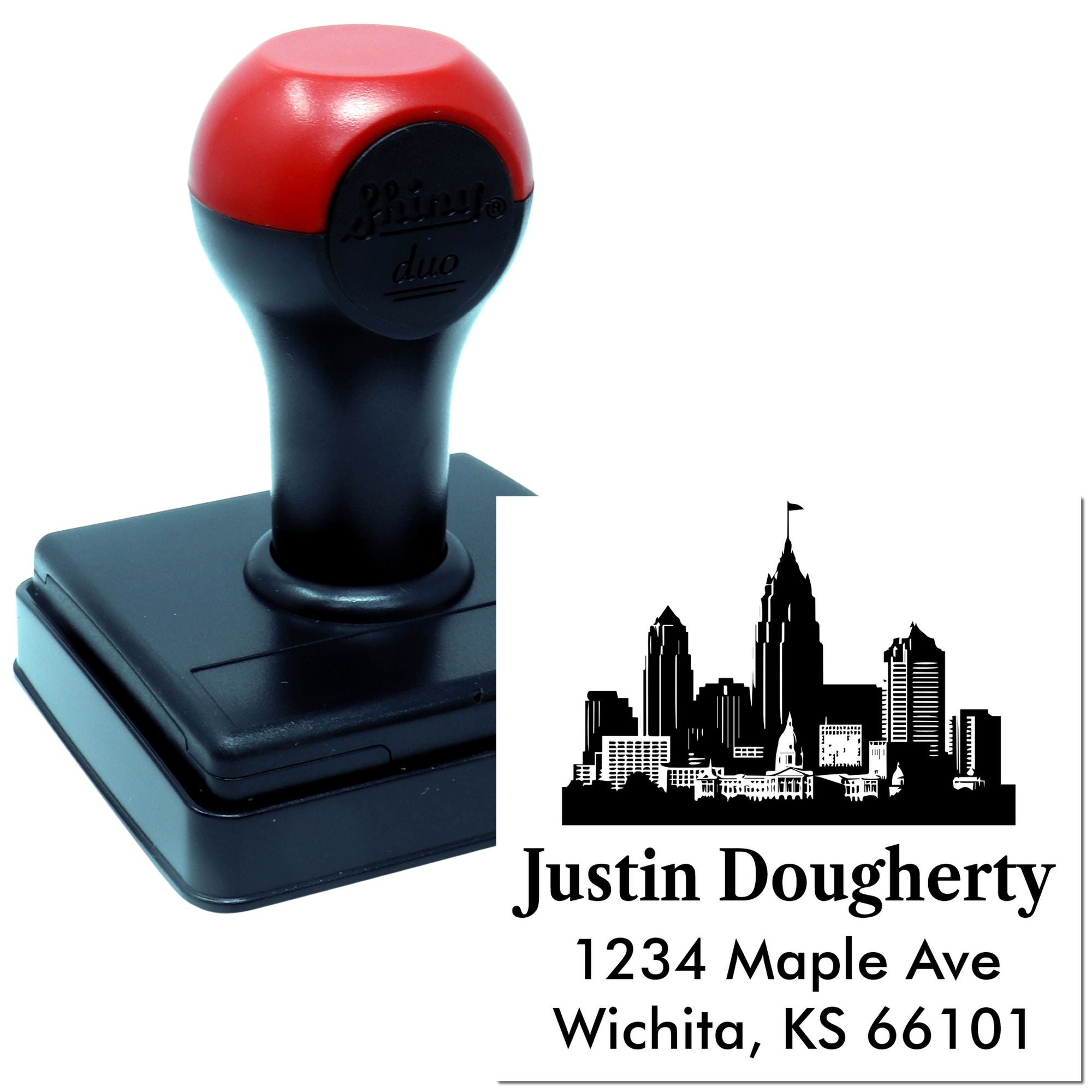 Personalized self-inking rubber address stamp with city skyline and Wichita, KS return address