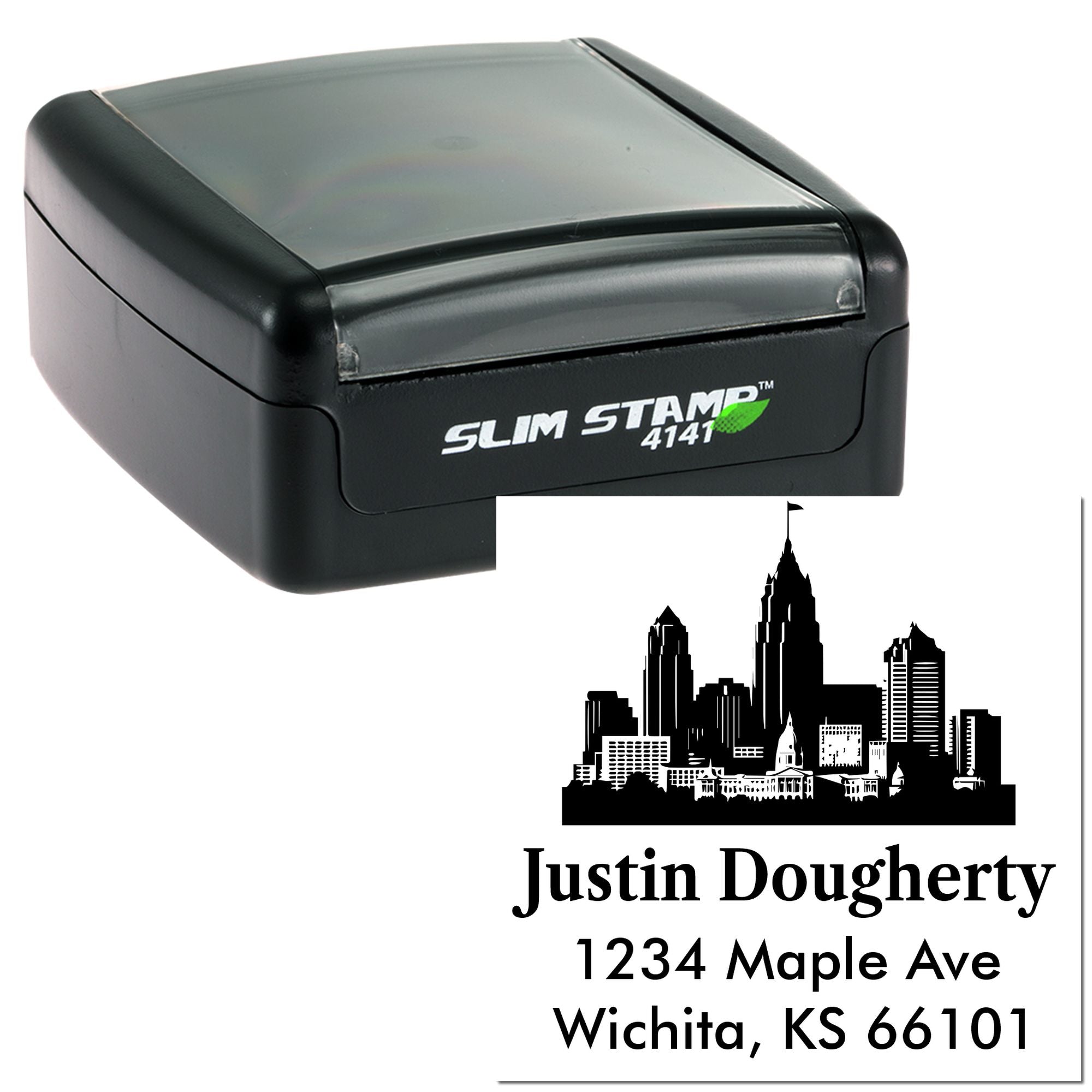 Custom self-inking return address rubber stamp with skyline design and name, address, and city imprint.