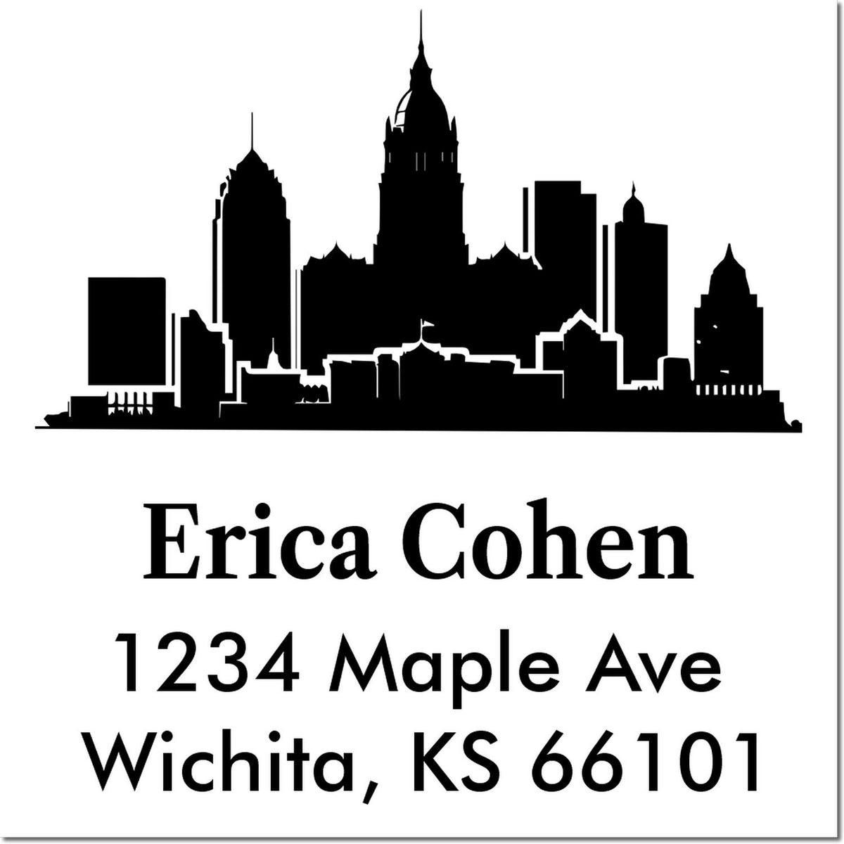 Personalized address rubber stamp with Wichita skyline, Erica Cohen, 1234 Maple Ave, Wichita, KS 66101