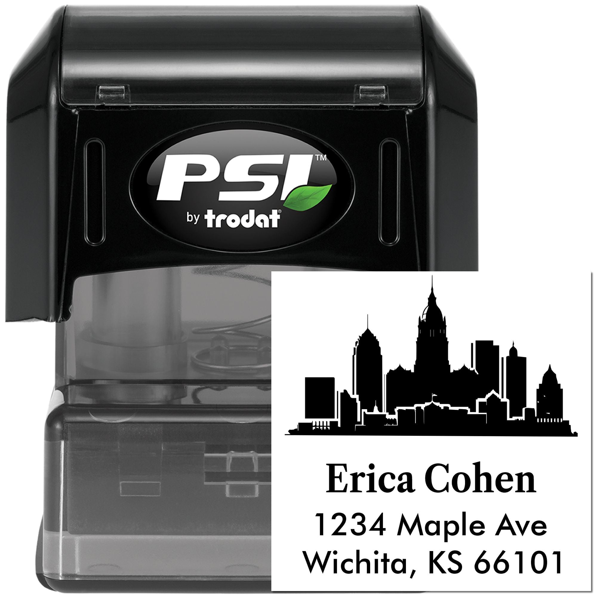 Custom self-inking rubber address stamp with skyline design, PSI by Trodat, for personalized mailing and business use.